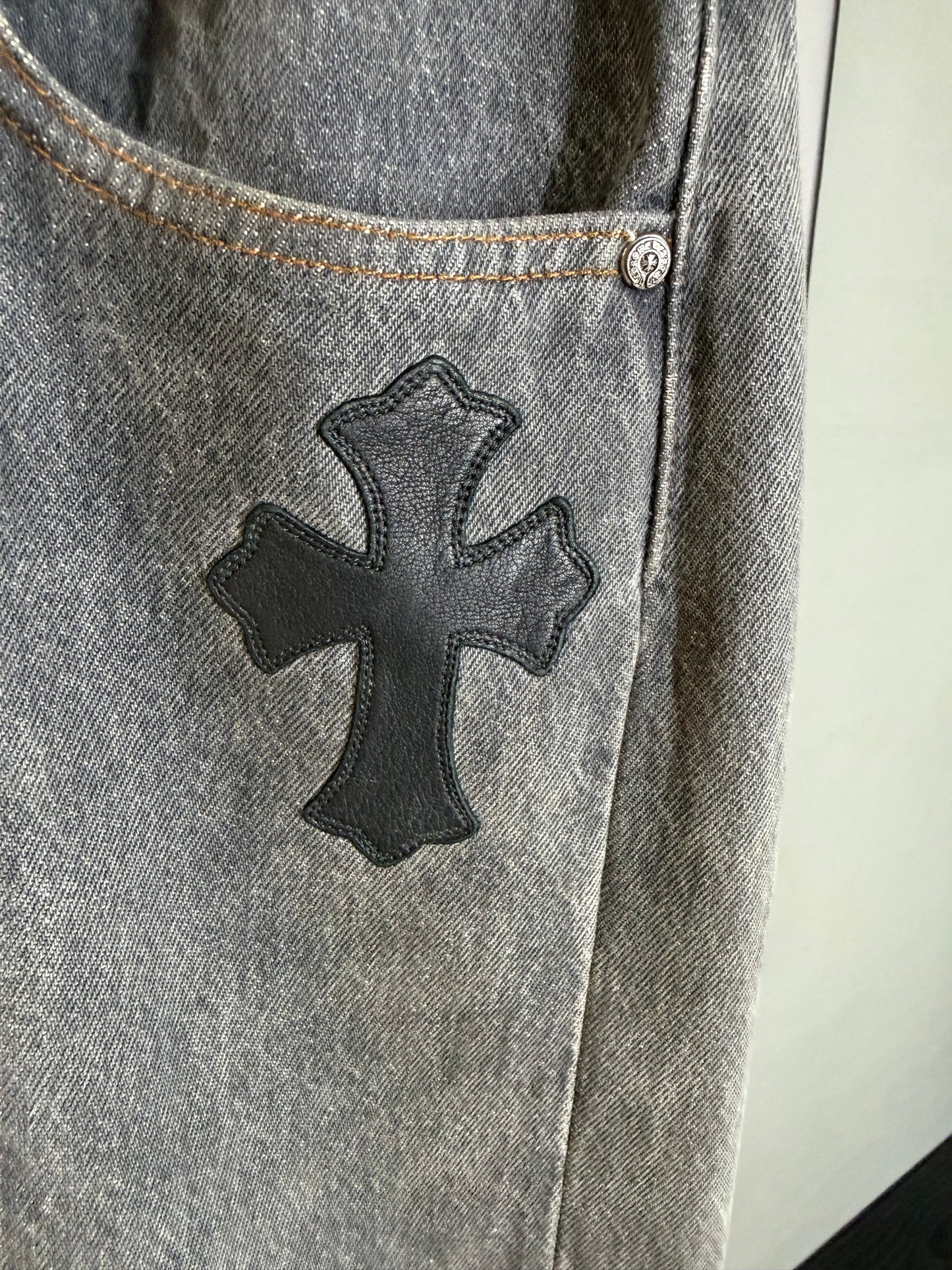Chrome Hearts leather patched jeans