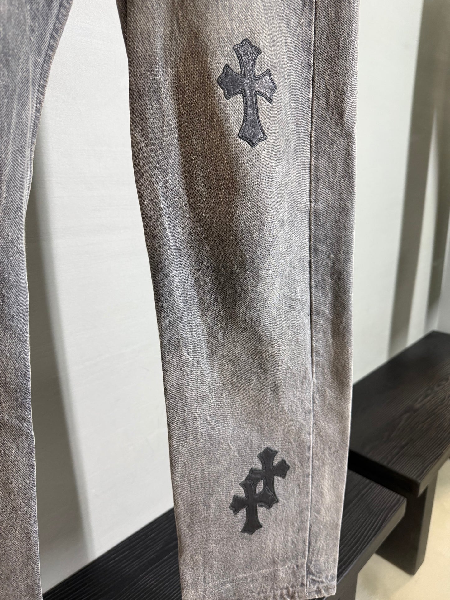 Chrome Hearts leather patched jeans