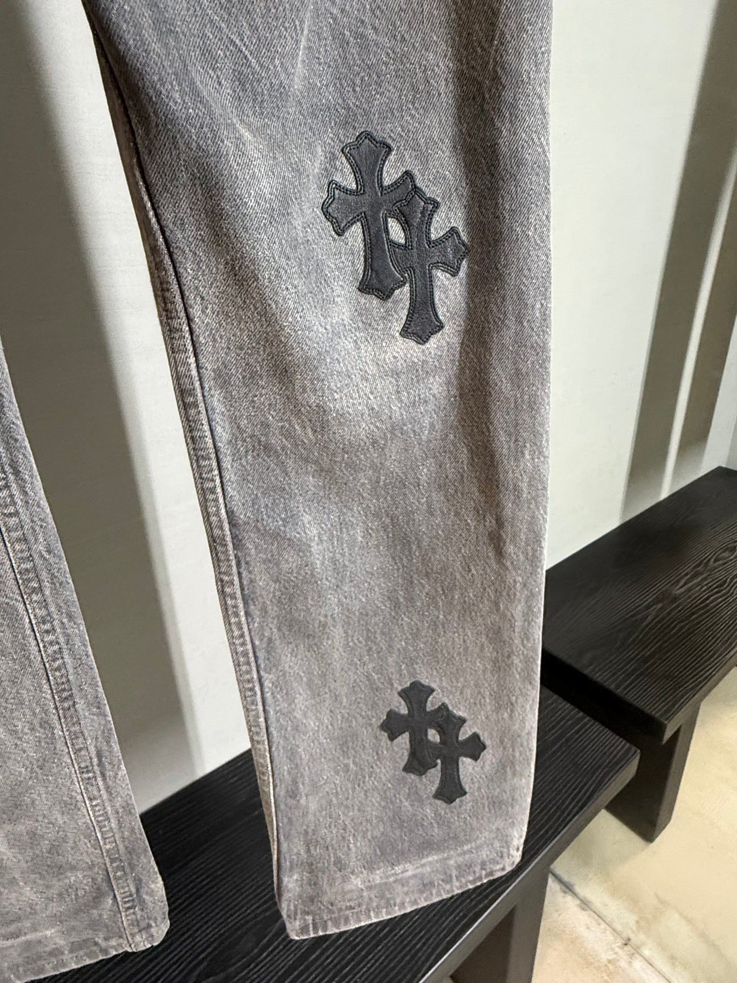 Chrome Hearts leather patched jeans