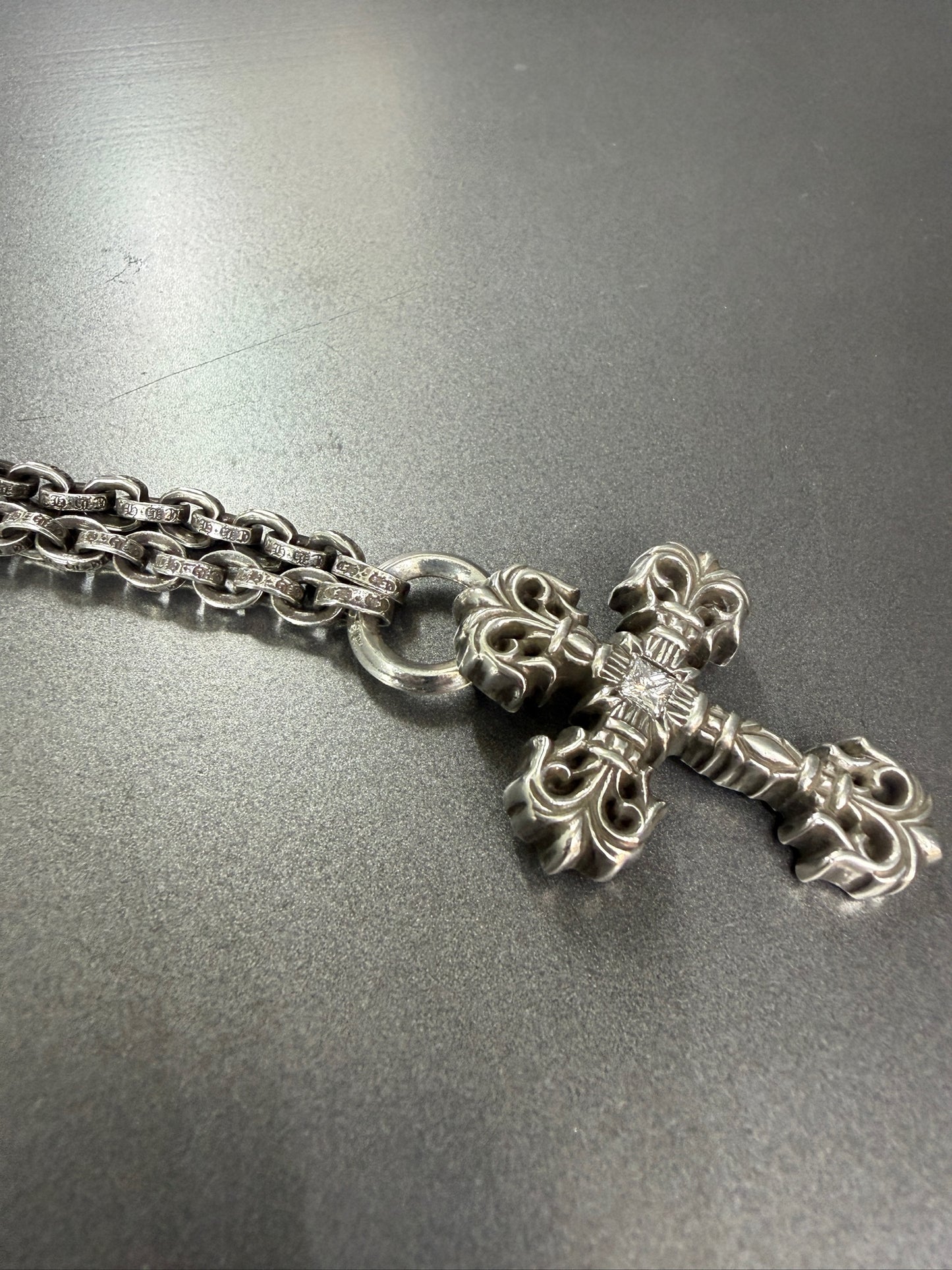 Chrome Hearts Diamond Paced Filigree Cross Pendant with Paperchain