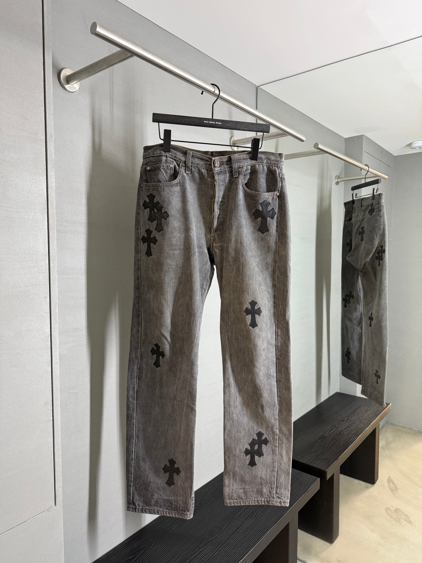 Chrome Hearts leather patched jeans