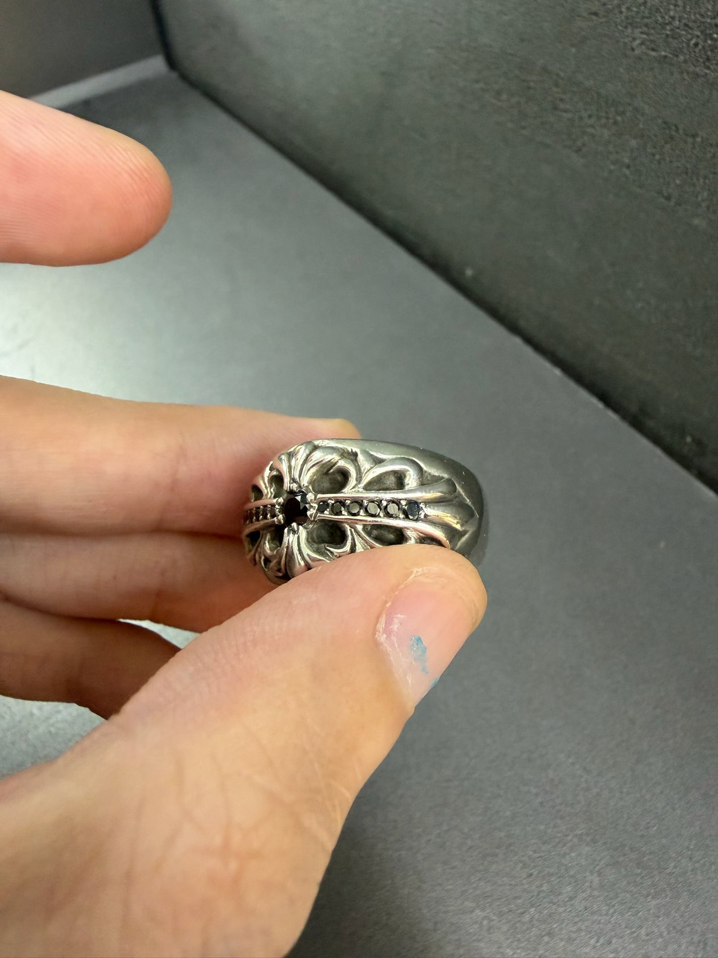 Chrome Hearts Baby Floral Keeper Ring with Black Diamonds