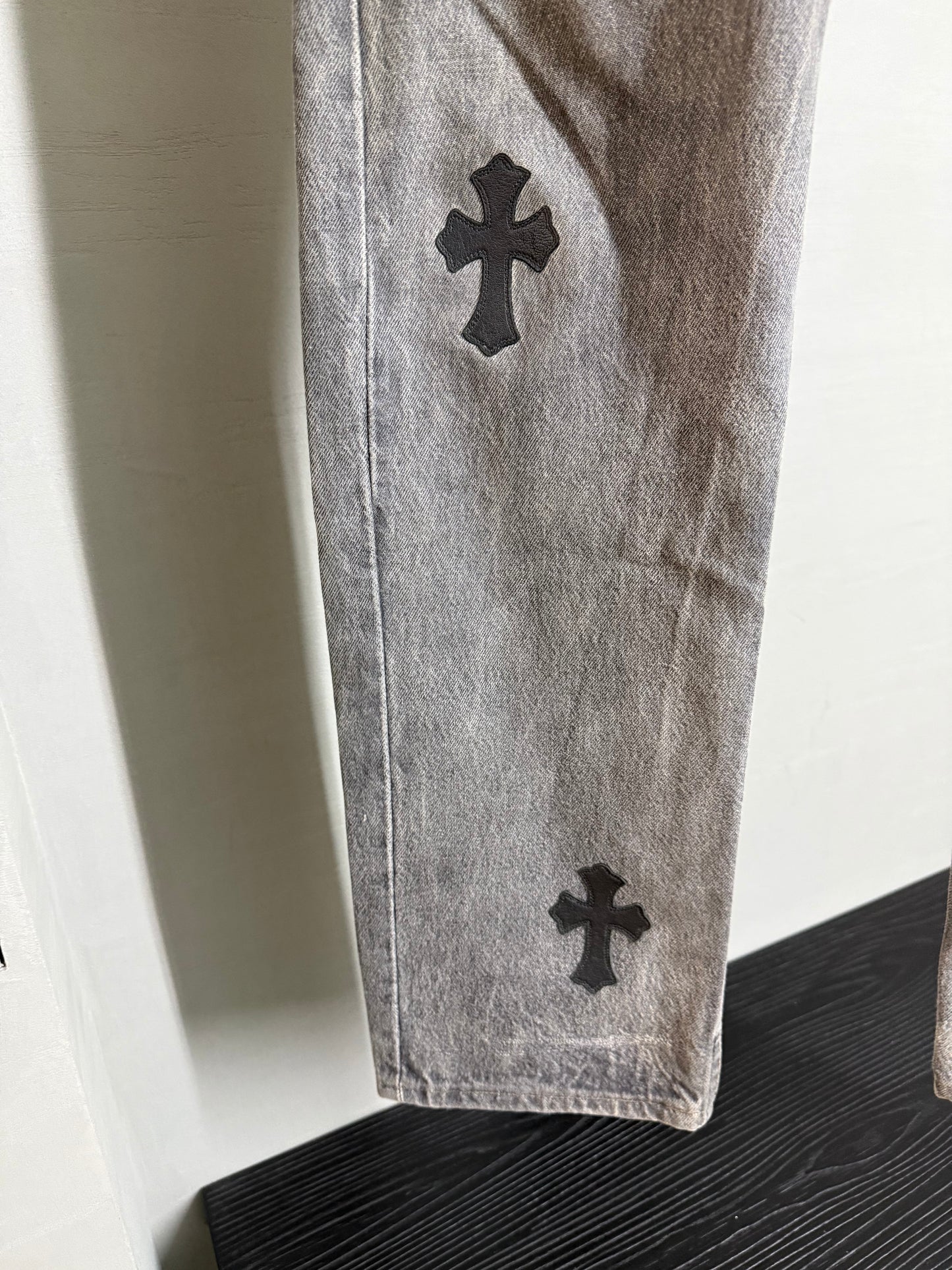 Chrome Hearts leather patched jeans
