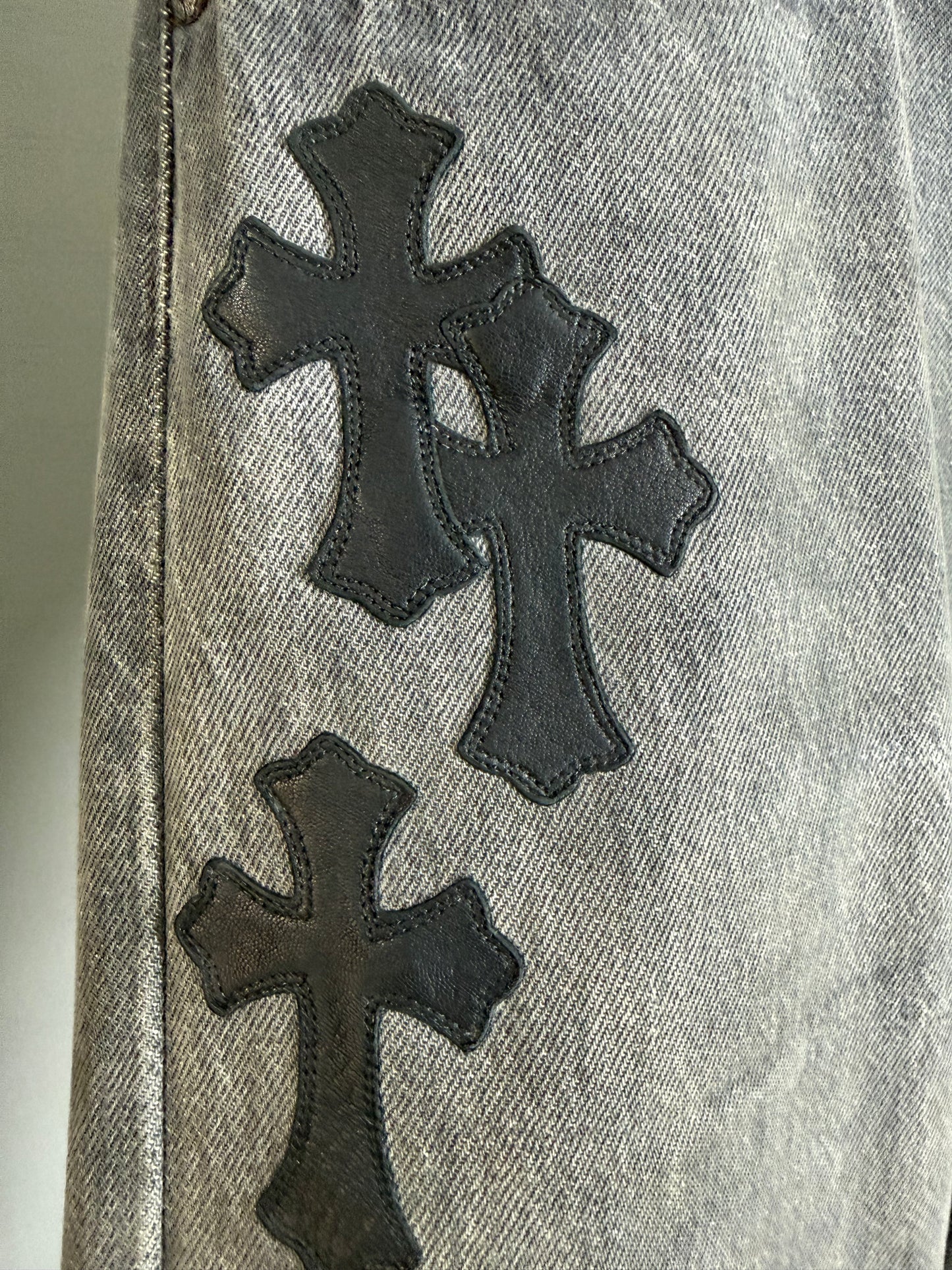 Chrome Hearts leather patched jeans