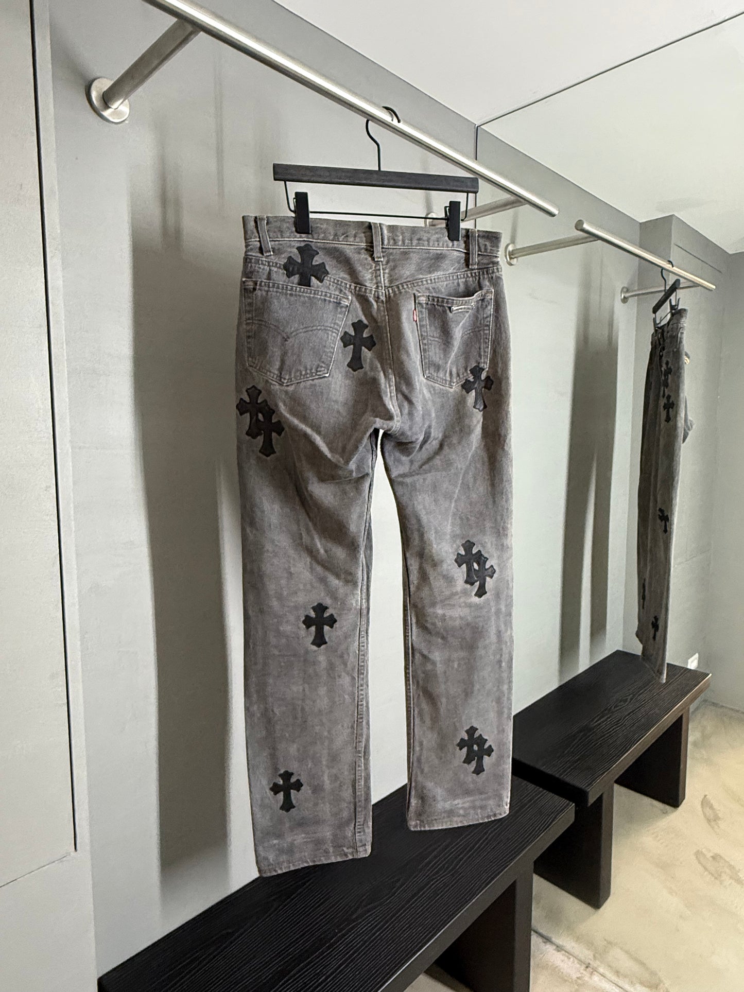 Chrome Hearts leather patched jeans
