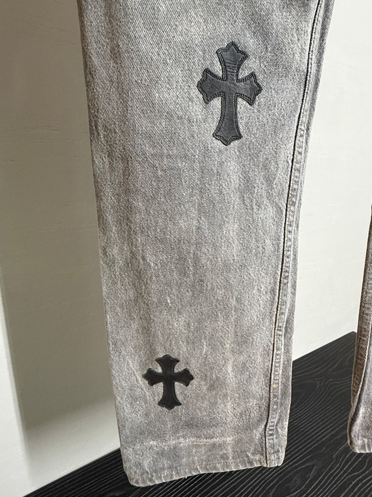 Chrome Hearts leather patched jeans