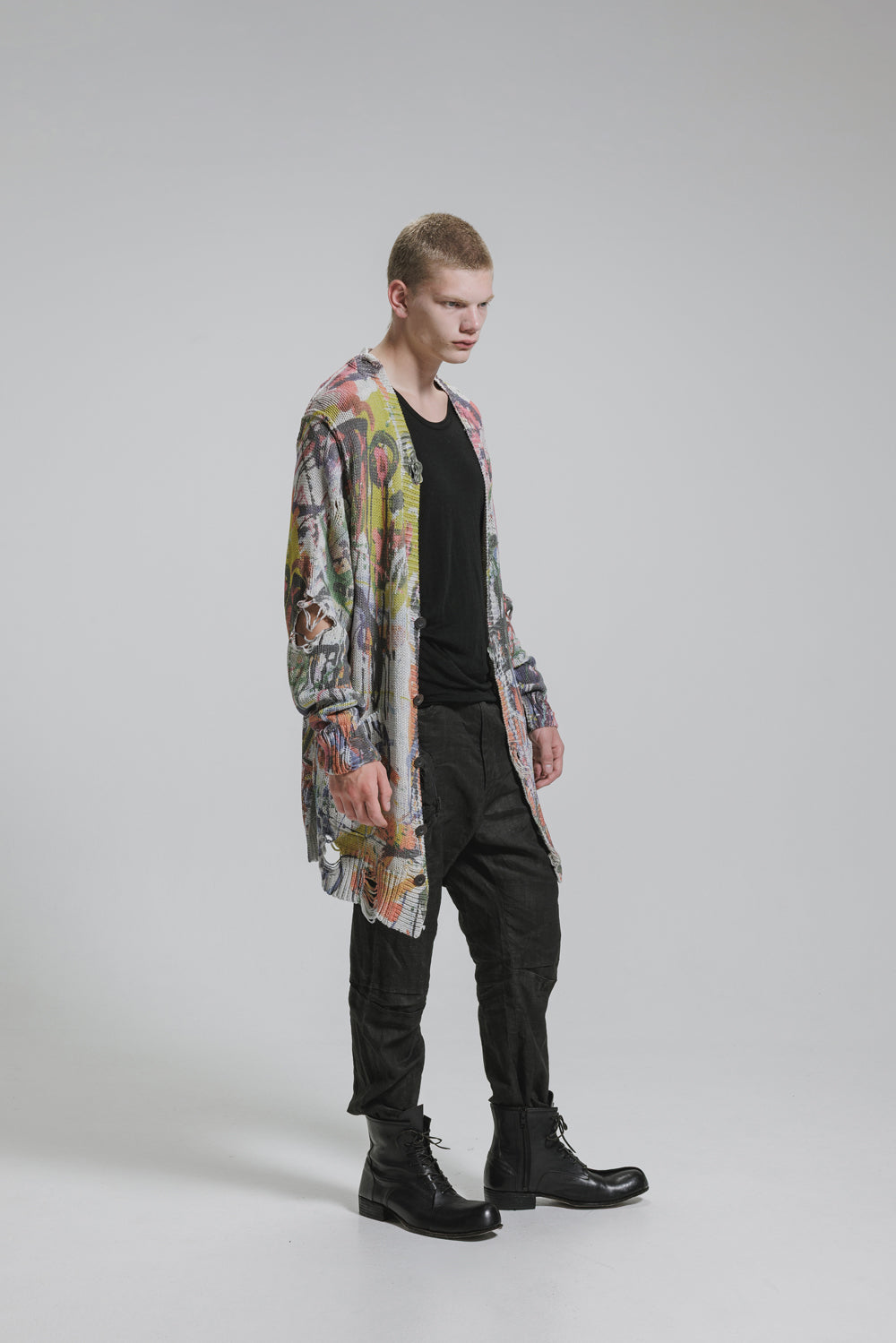 NUDE:MM Inkjet Print Cotton 3GG Damage Knit Cardigan