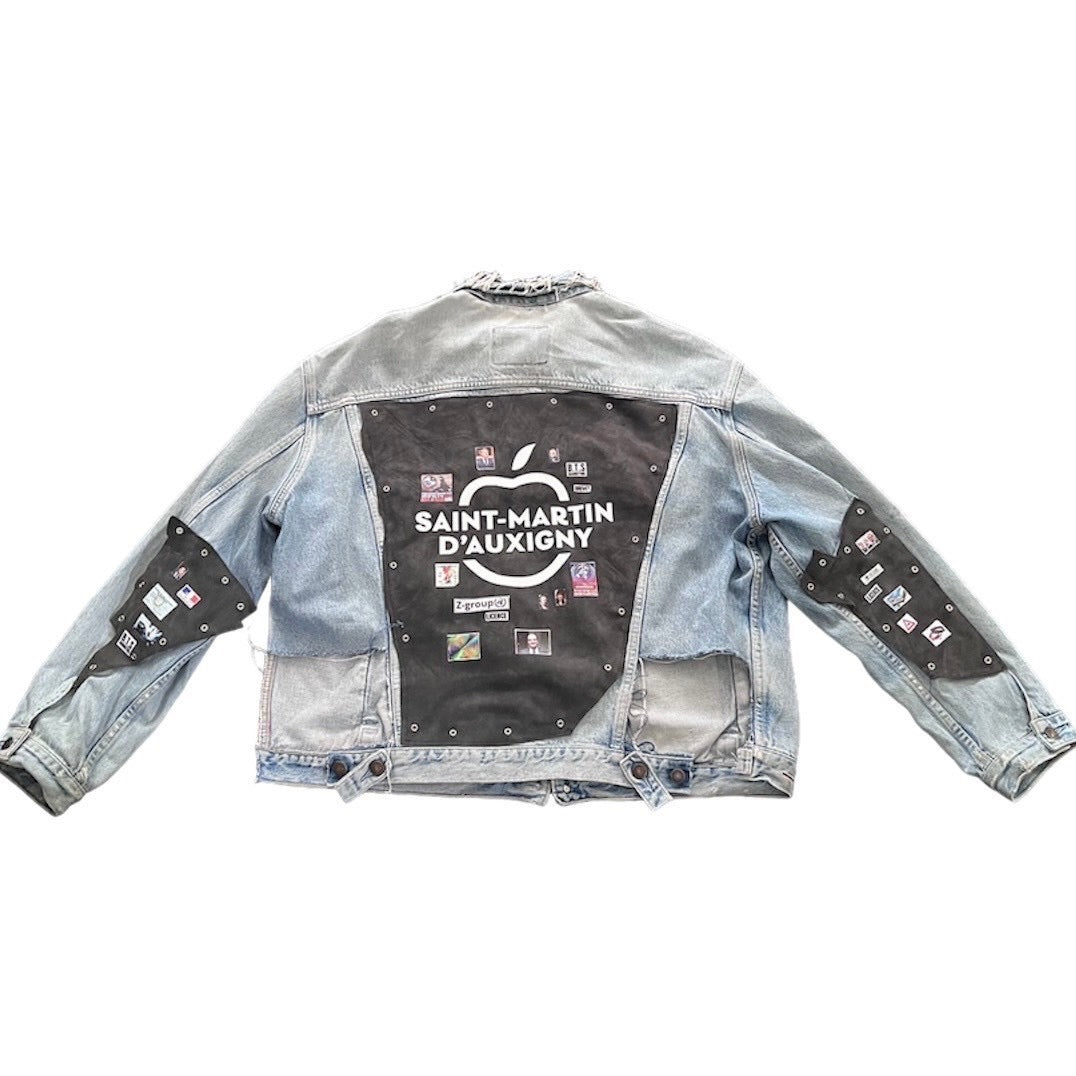 Vintage Levis denim jacket - leather - metal accessories - digital prints - metal accessories - nsemi precious stones