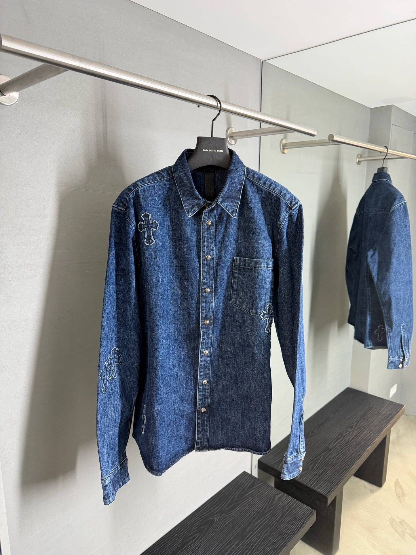 Chrome Hearts Denim Embroidered Cross Patch Shirt