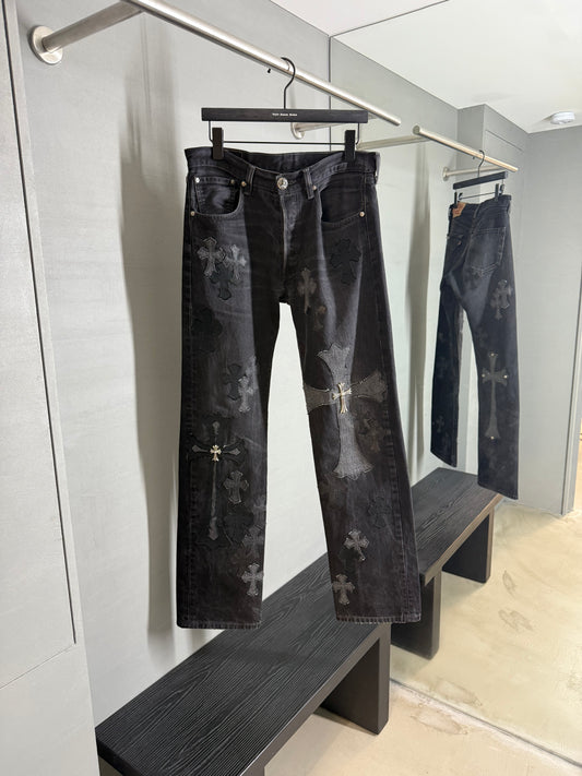 Chrome Hearts Silver Cross Black Denim Overpatched Vintage Jeans