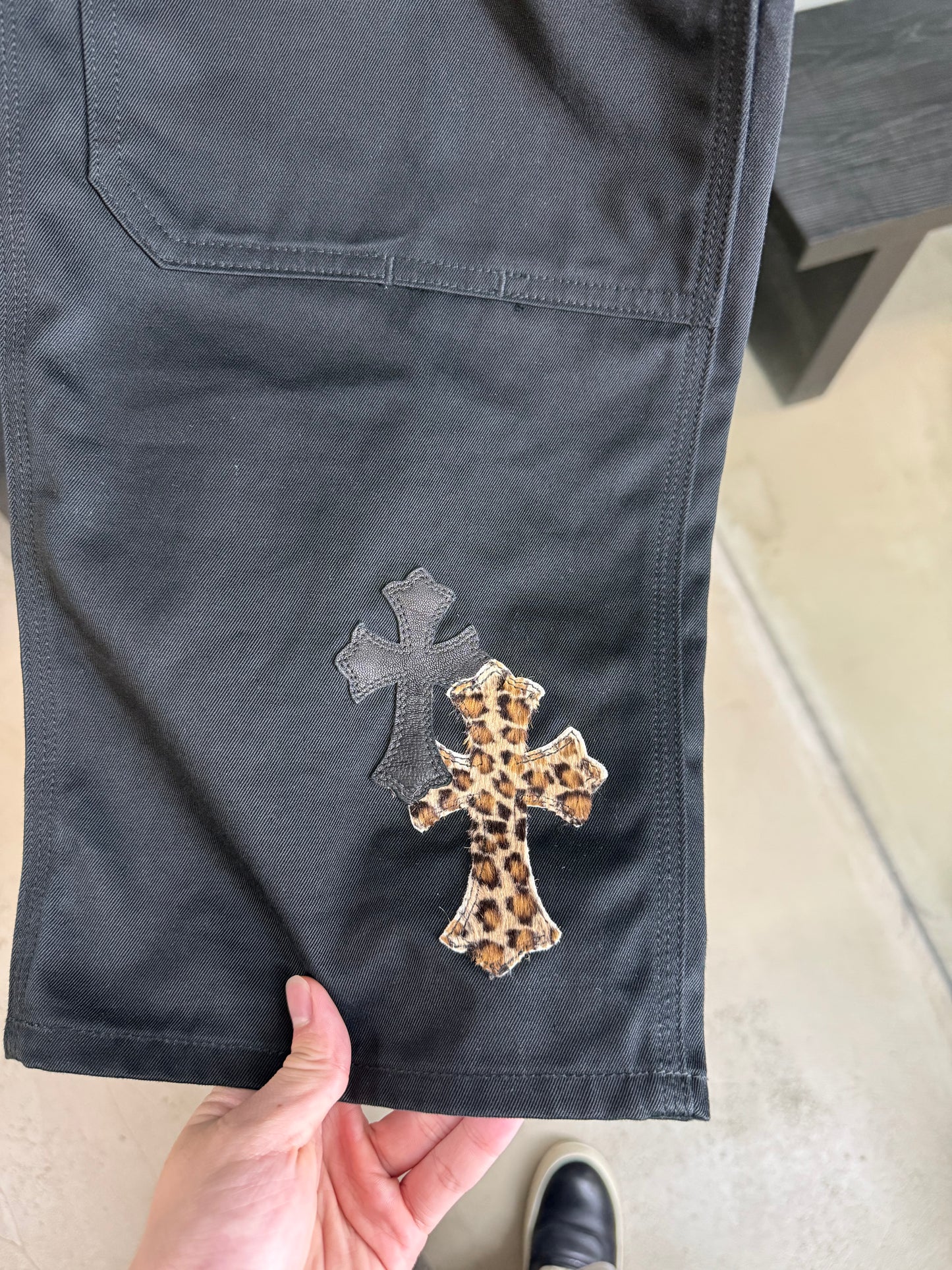 Chrome Hearts Leopard leather cross patch carpenter pants
