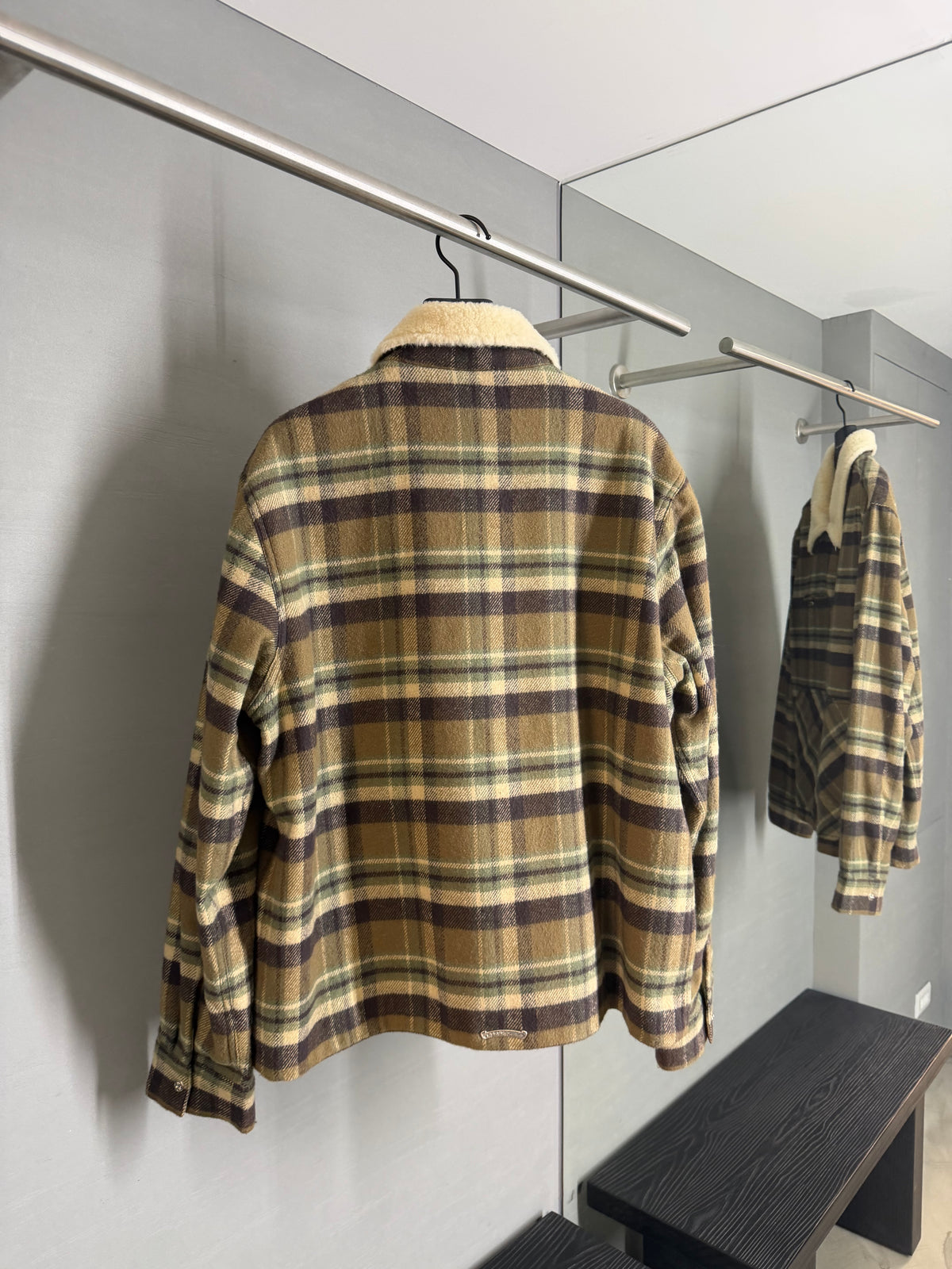 Chrome Hearts Shearling Flannel Plaid Print Trucker Jacket