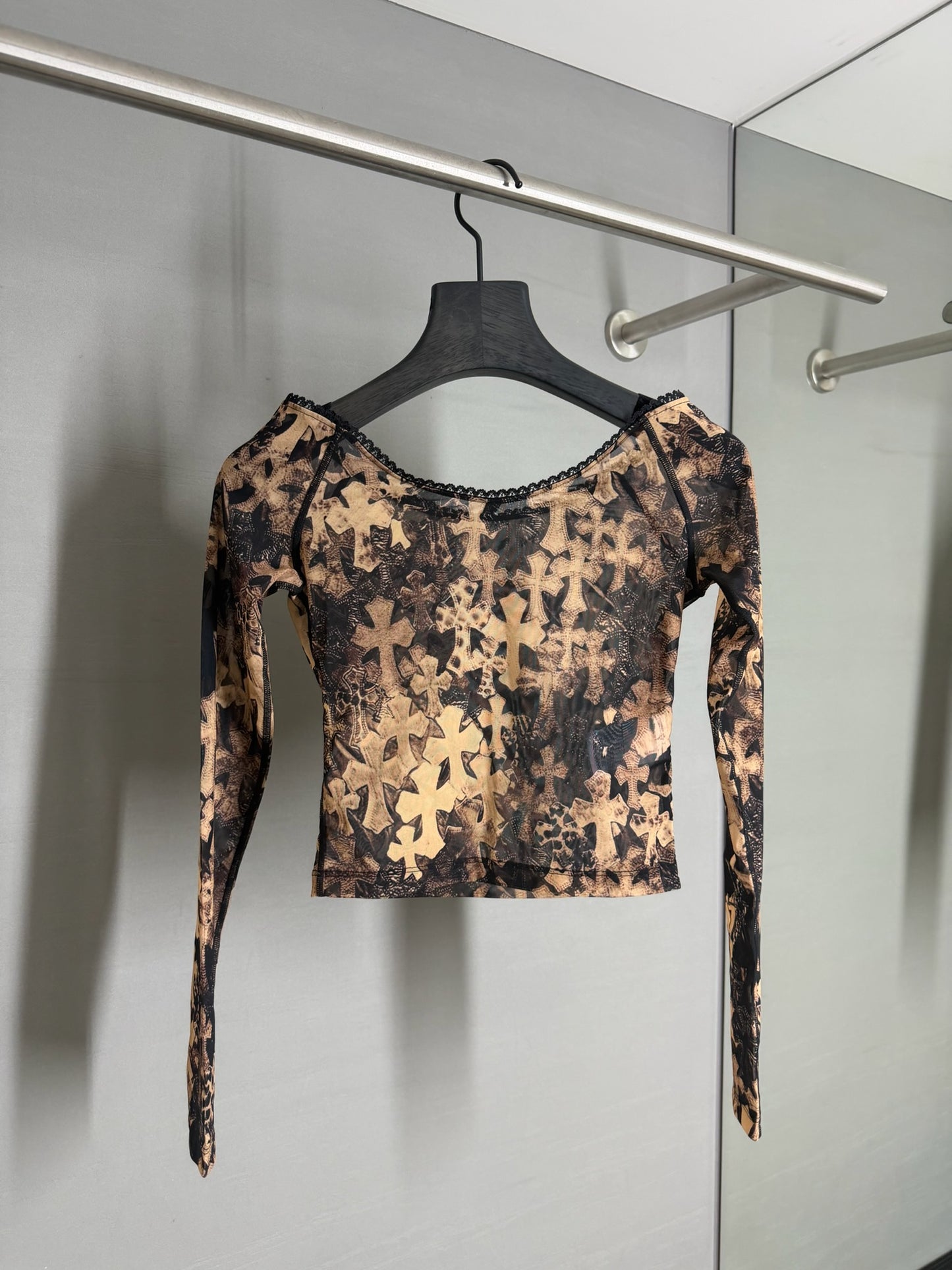 Chrome Hearts All Over Cross Printed Mesh Off-shoulder Long Sleeve
