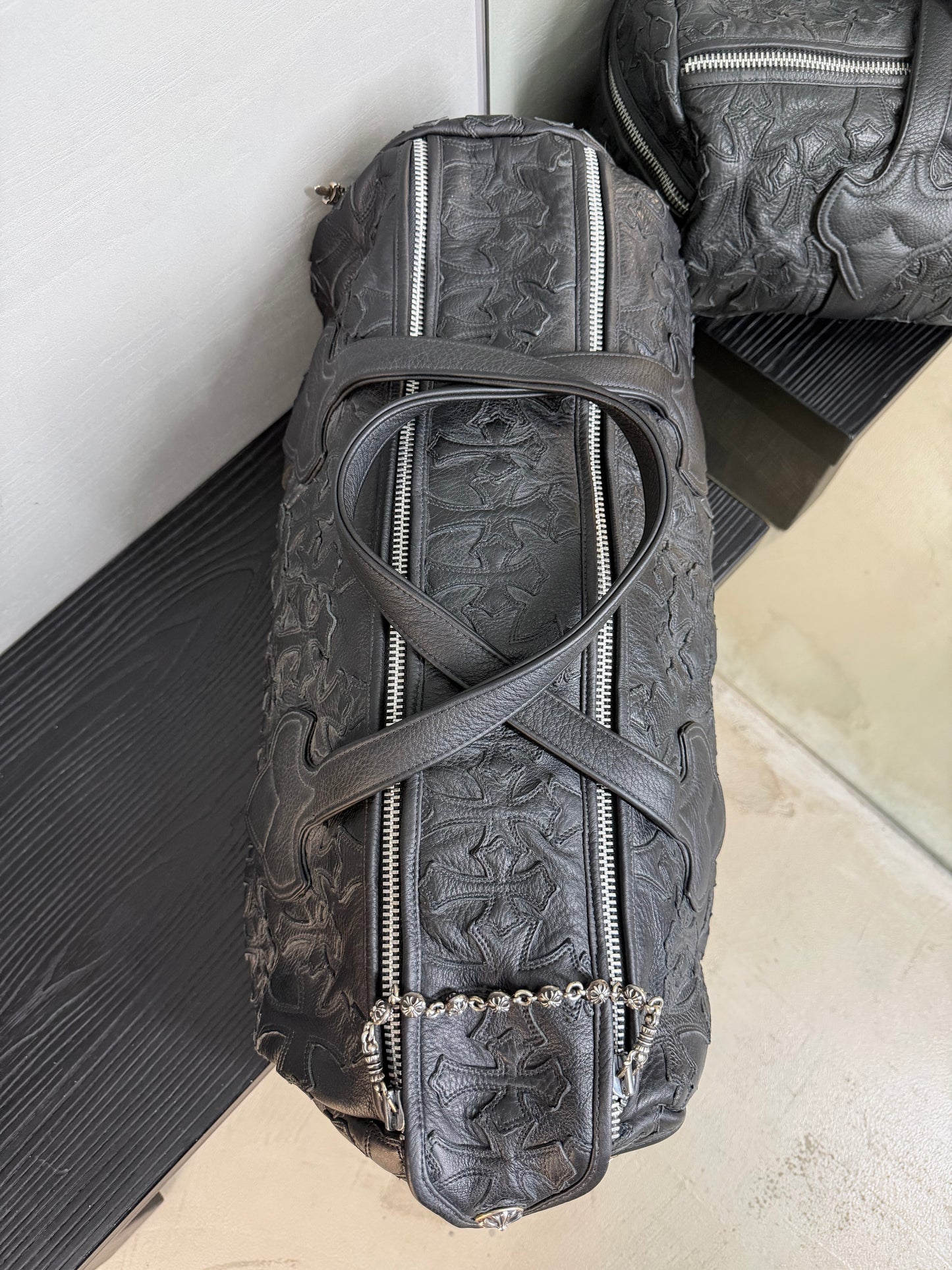 Chrome Hearts Leather Flooded Cemetery Cross Patch Duffle Bag