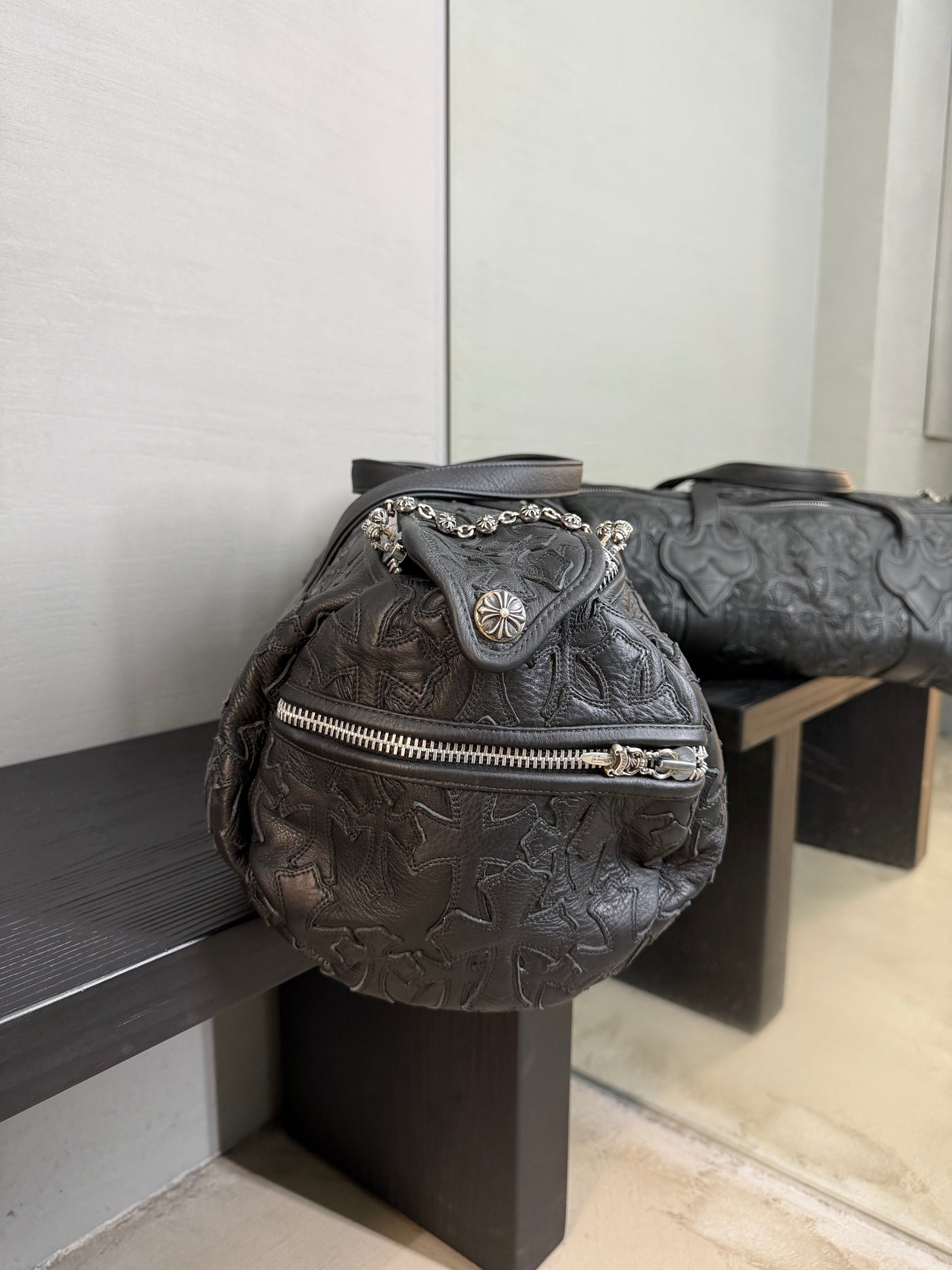 Chrome Hearts Leather Flooded Cemetery Cross Patch Duffle Bag