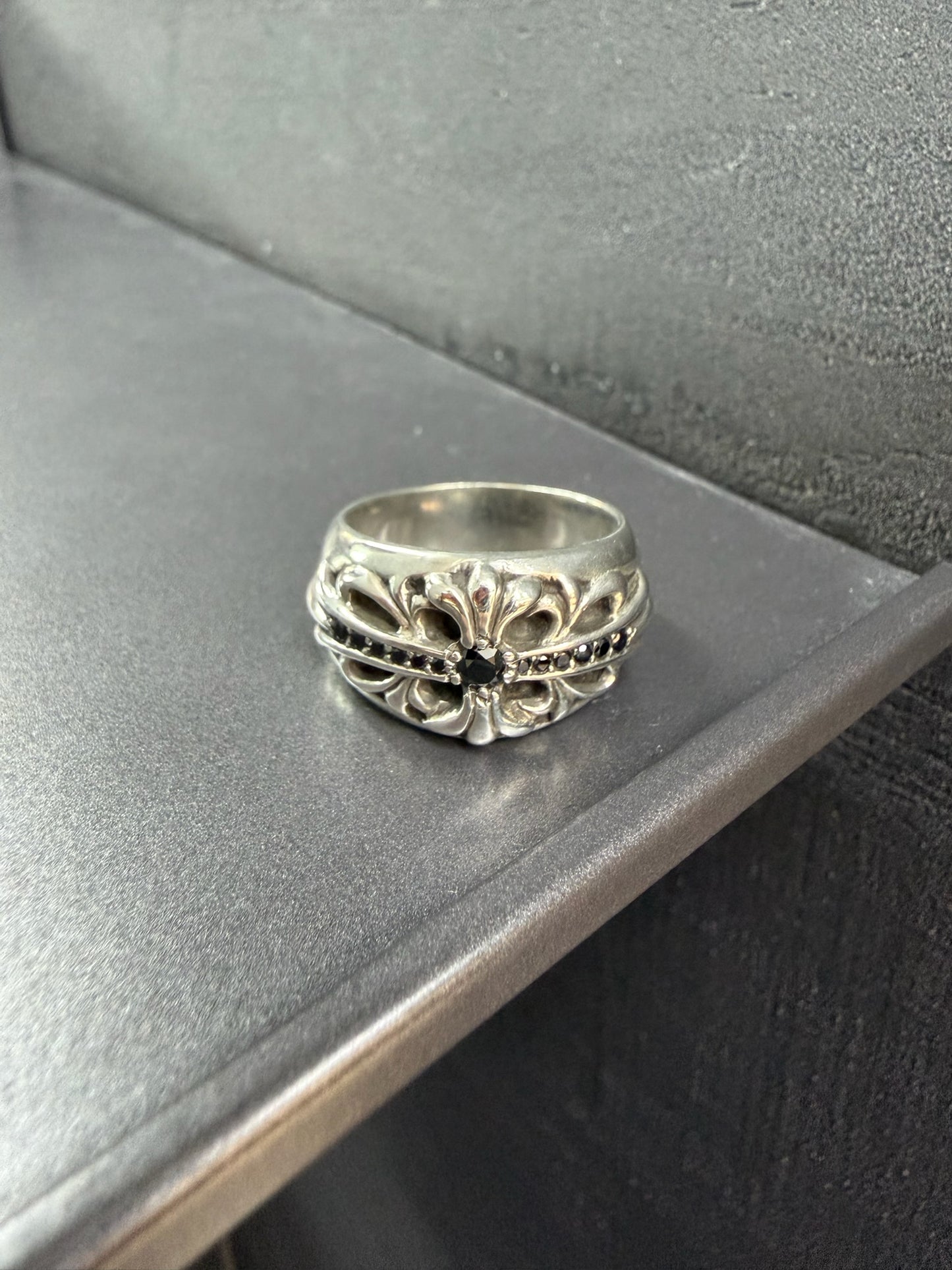 Chrome Hearts Baby Floral Keeper Ring with Black Diamonds