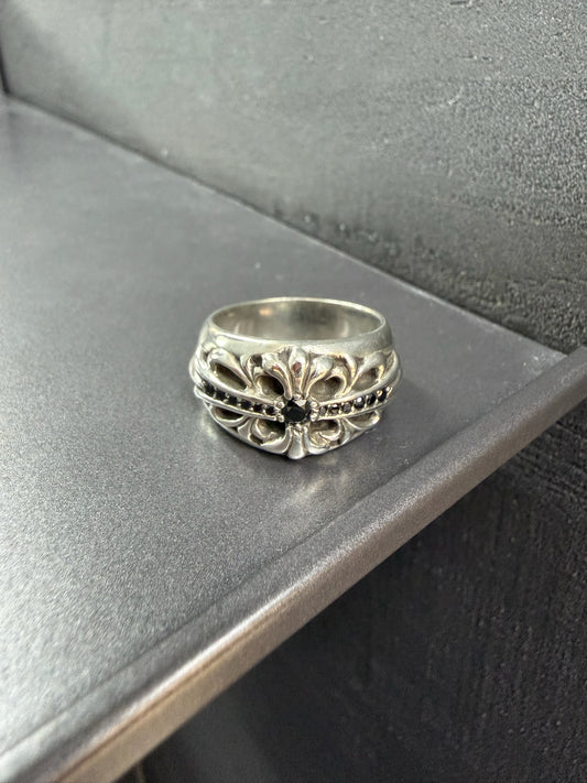 Chrome Hearts Baby Floral Keeper Ring with Black Diamonds