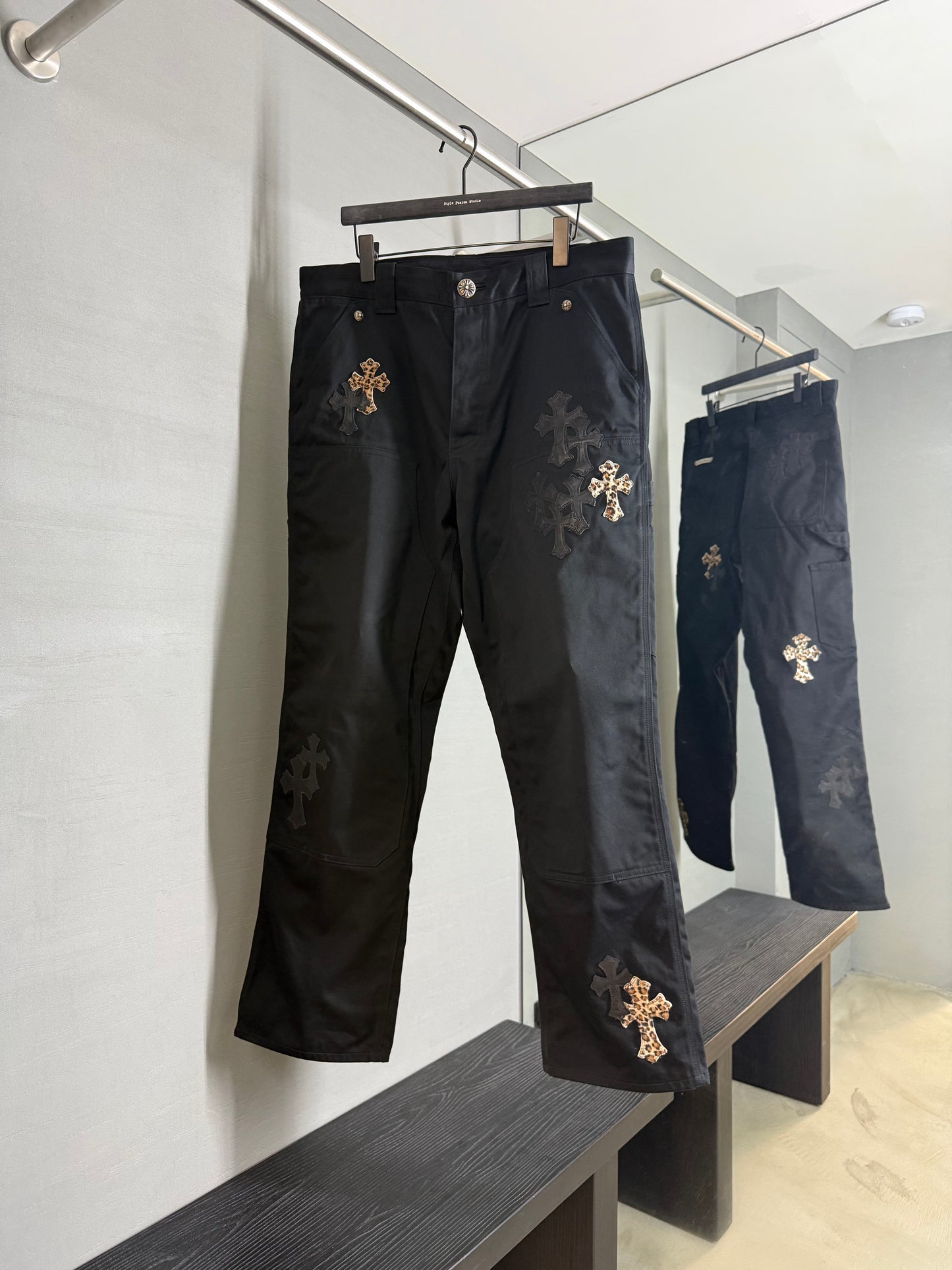 Chrome Hearts Leopard leather cross patch carpenter pants