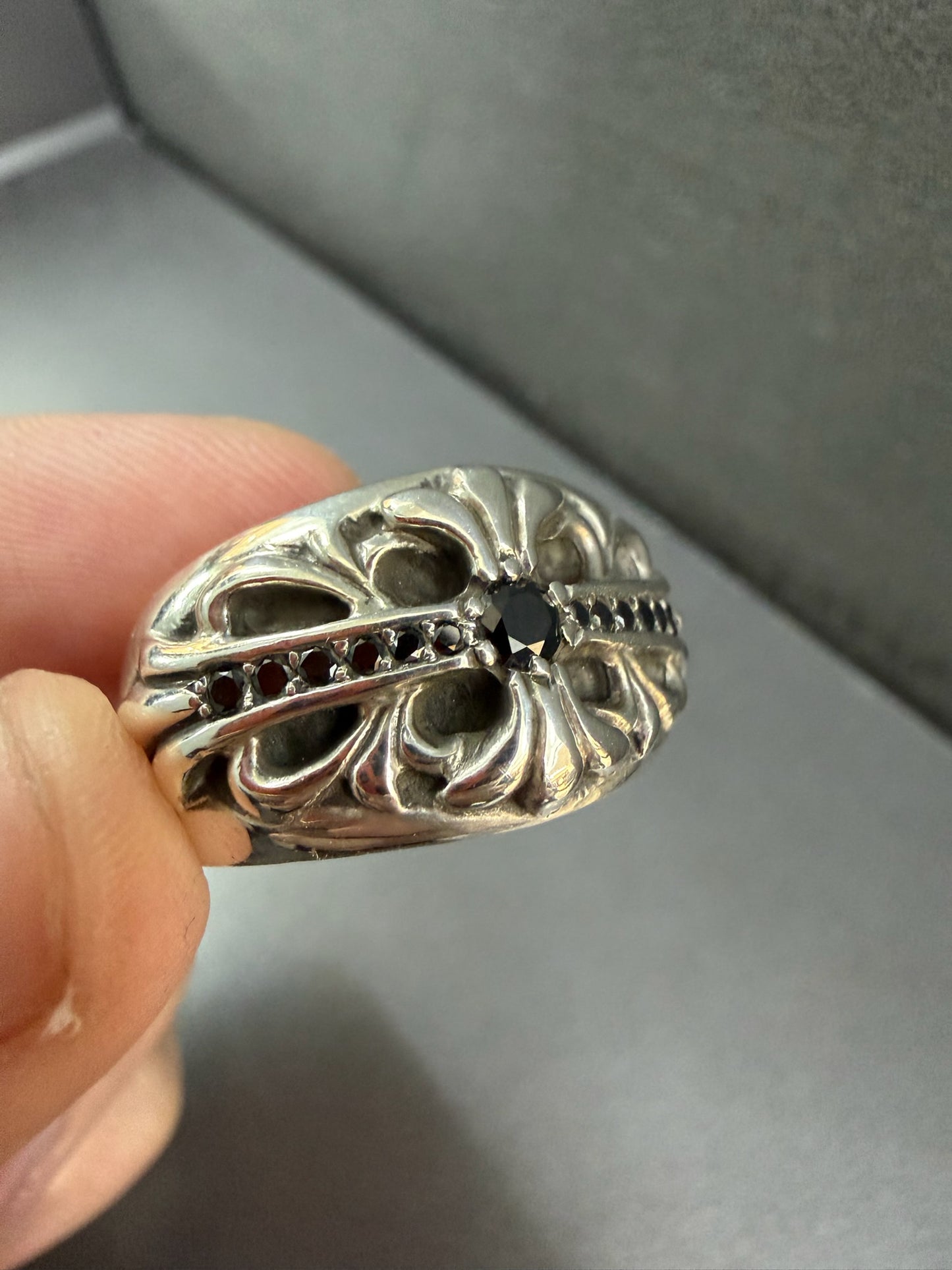 Chrome Hearts Baby Floral Keeper Ring with Black Diamonds