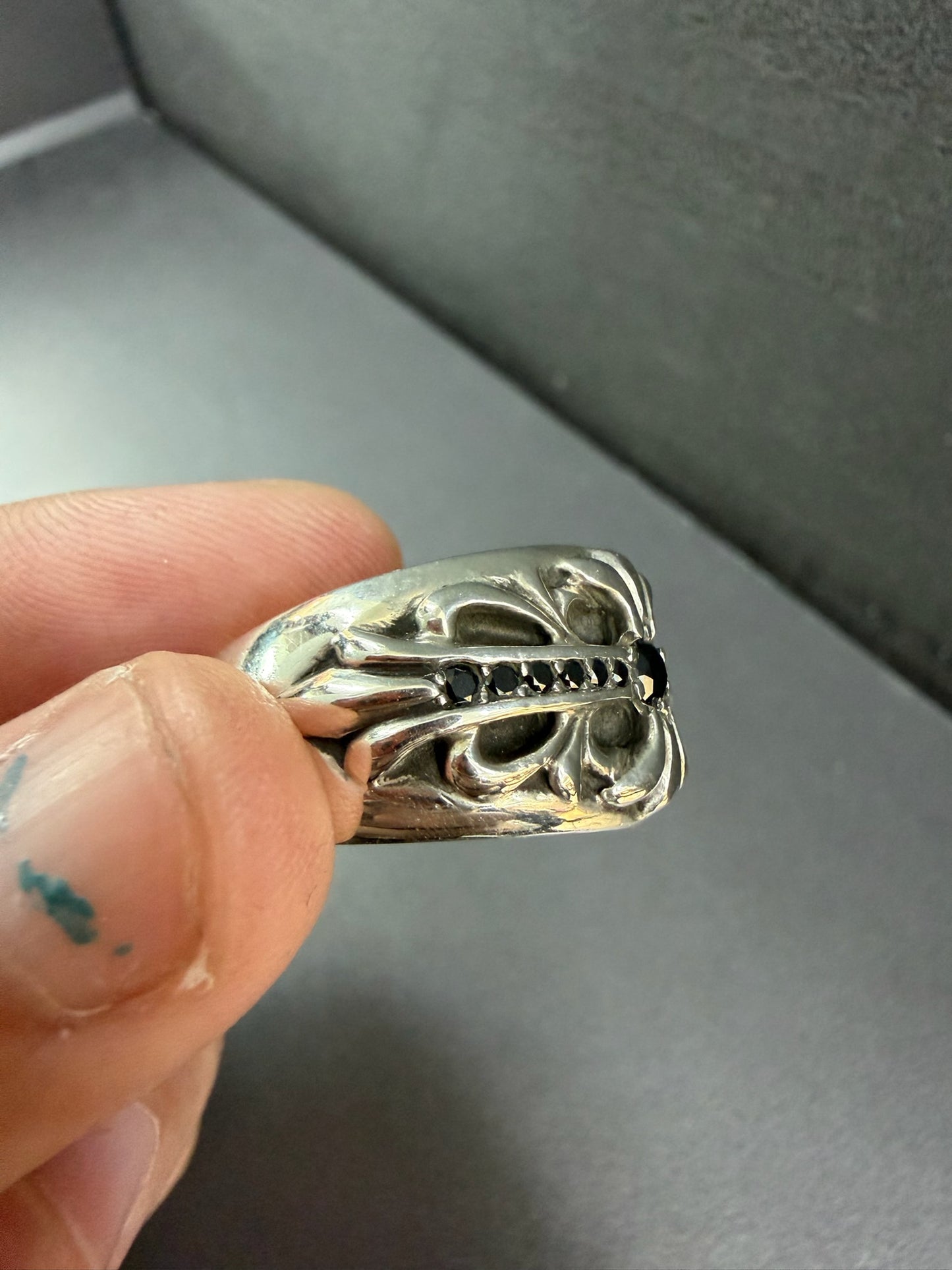 Chrome Hearts Baby Floral Keeper Ring with Black Diamonds