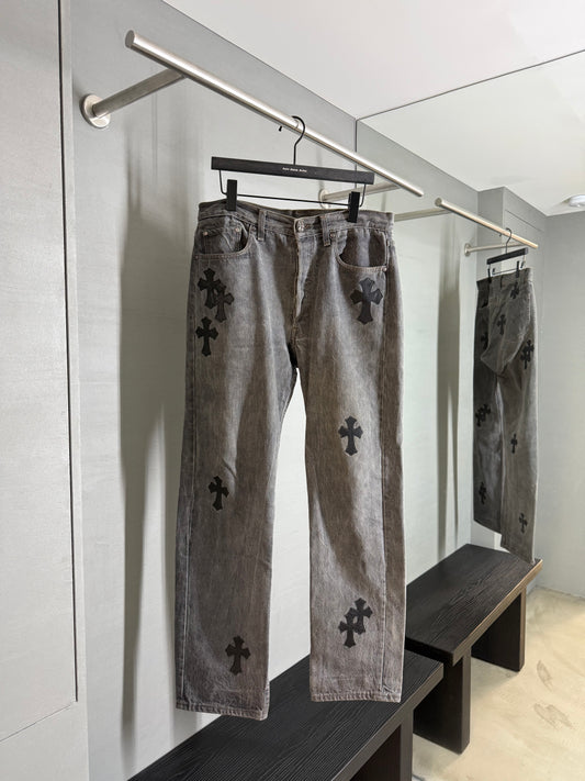 Chrome Hearts leather patched jeans