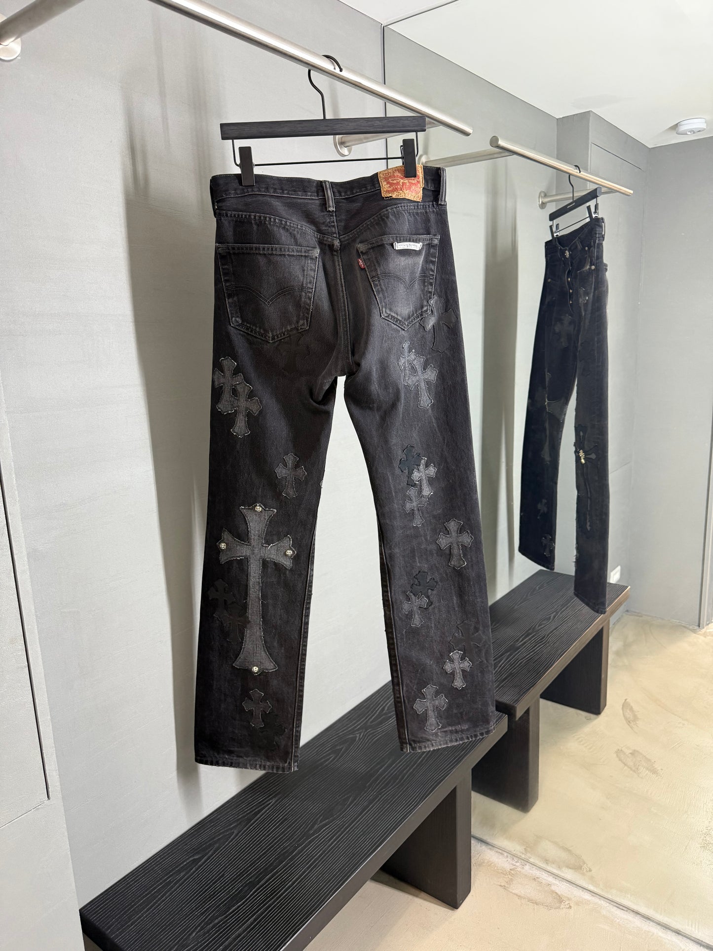 Chrome Hearts Silver Cross Black Denim Overpatched Vintage Jeans