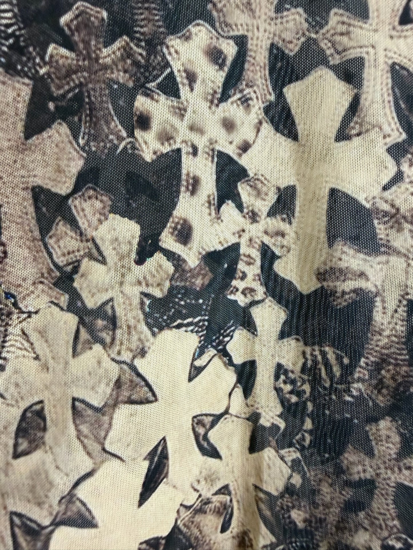 Chrome Hearts All Over Cross Printed Mesh Off-shoulder Long Sleeve