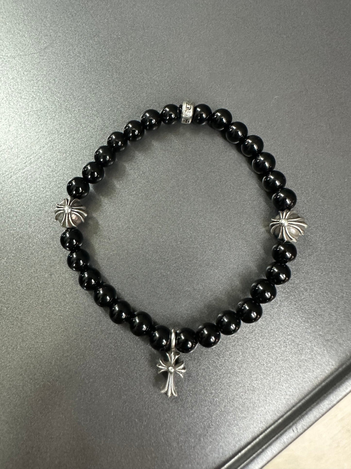 Chrome Hearts Black Stones Cross Ball Bracelet 6mm