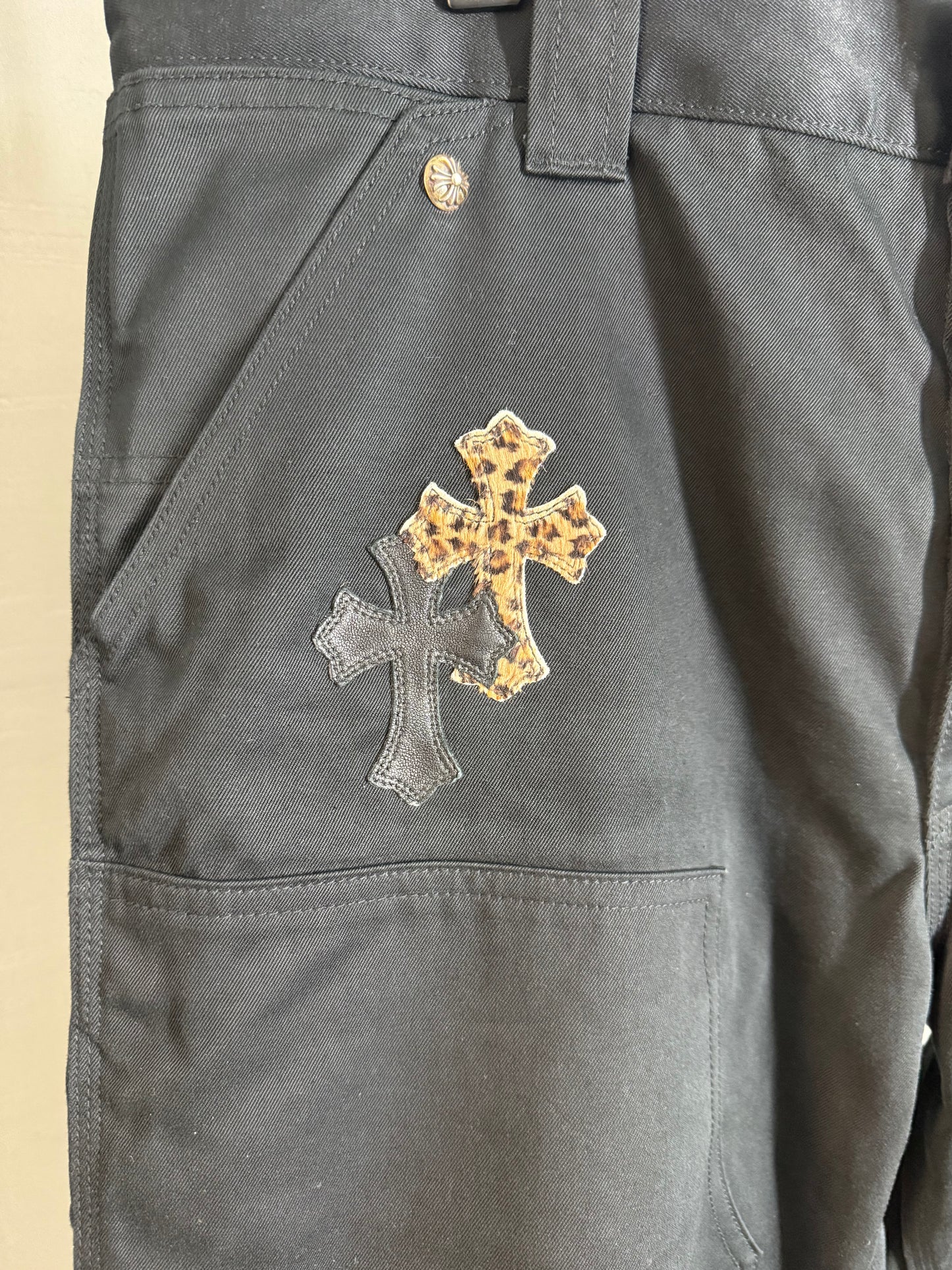 Chrome Hearts Leopard leather cross patch carpenter pants