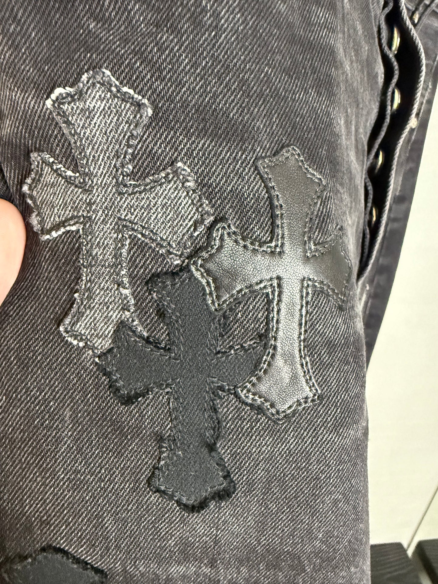 Chrome Hearts Silver Cross Black Denim Overpatched Vintage Jeans