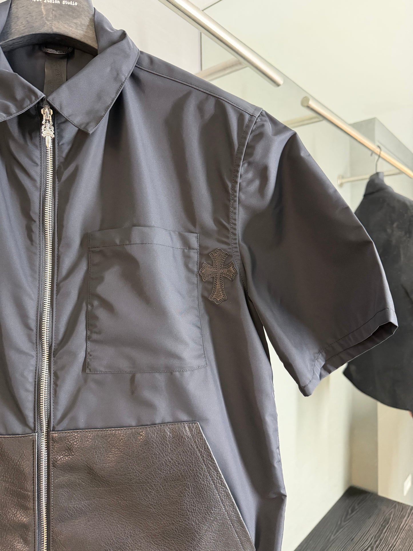 Chrome Hearts Nylon Leather Pockets Zip-Up Shirt (Lucky Patch)