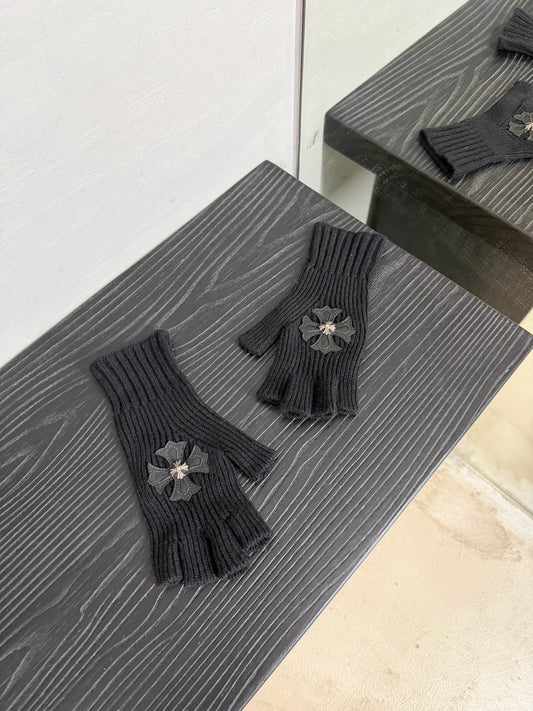 Chrome Hearts Cashmere Leather Cross Patch Fingerless Gloves