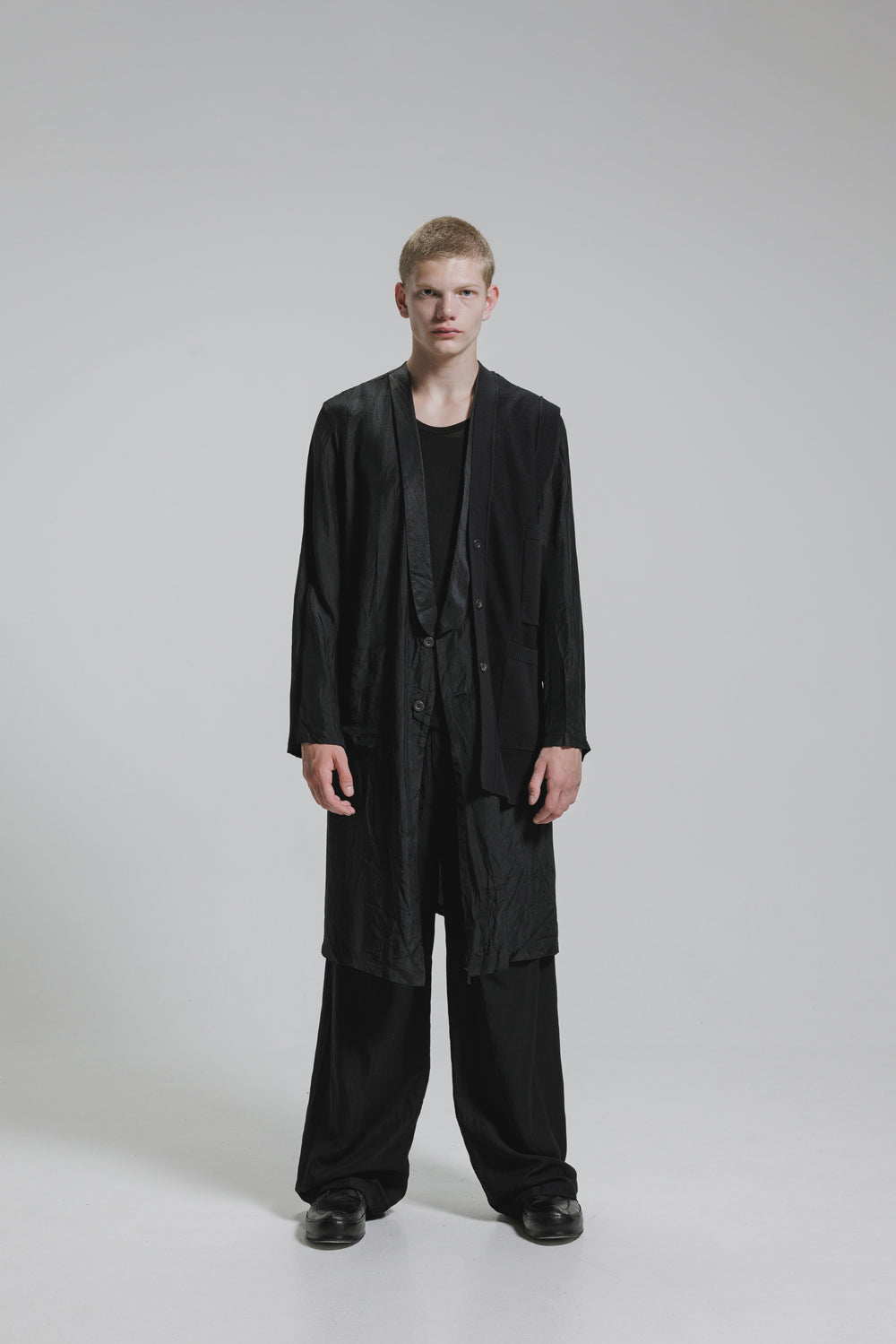 NUDE:MM Acetate Twill Long Jacket With 7GG Kint Half Vest