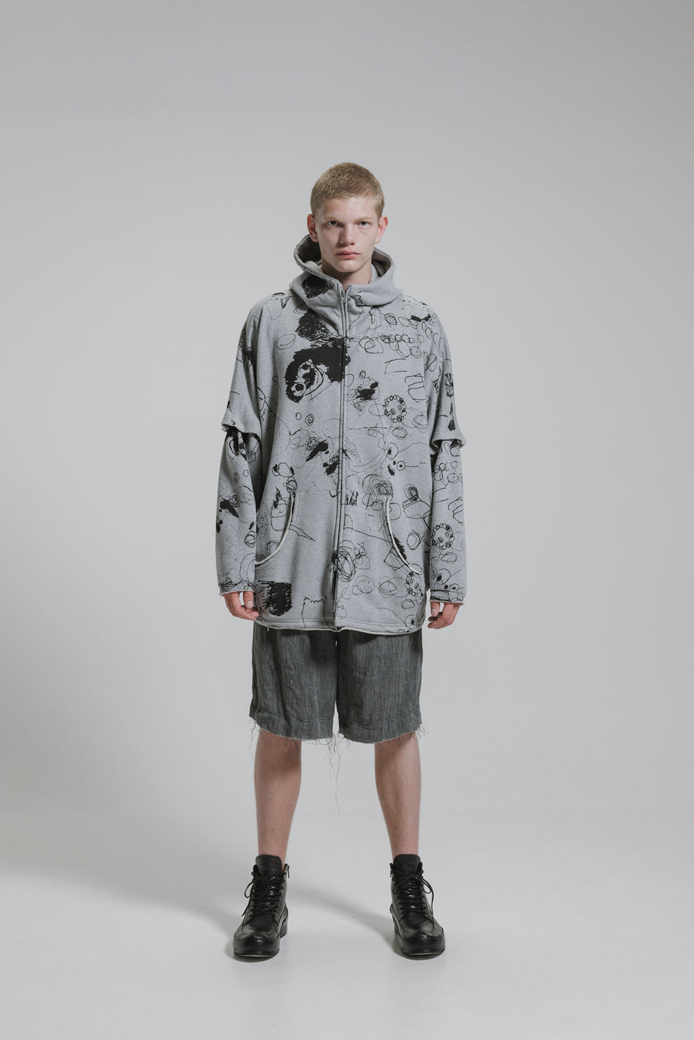 NUDE:MM 30/7 French Terry Pigement Print Oversized Zip Up Hoodie (Detachable Sleeves)