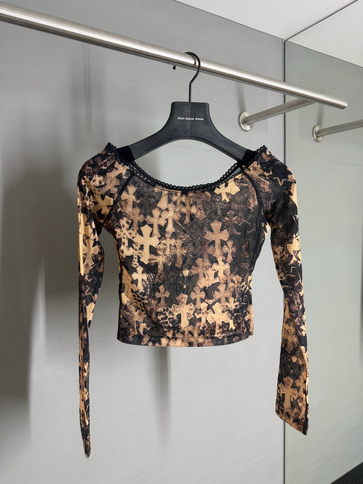 Chrome Hearts All Over Cross Printed Mesh Off-shoulder Long Sleeve