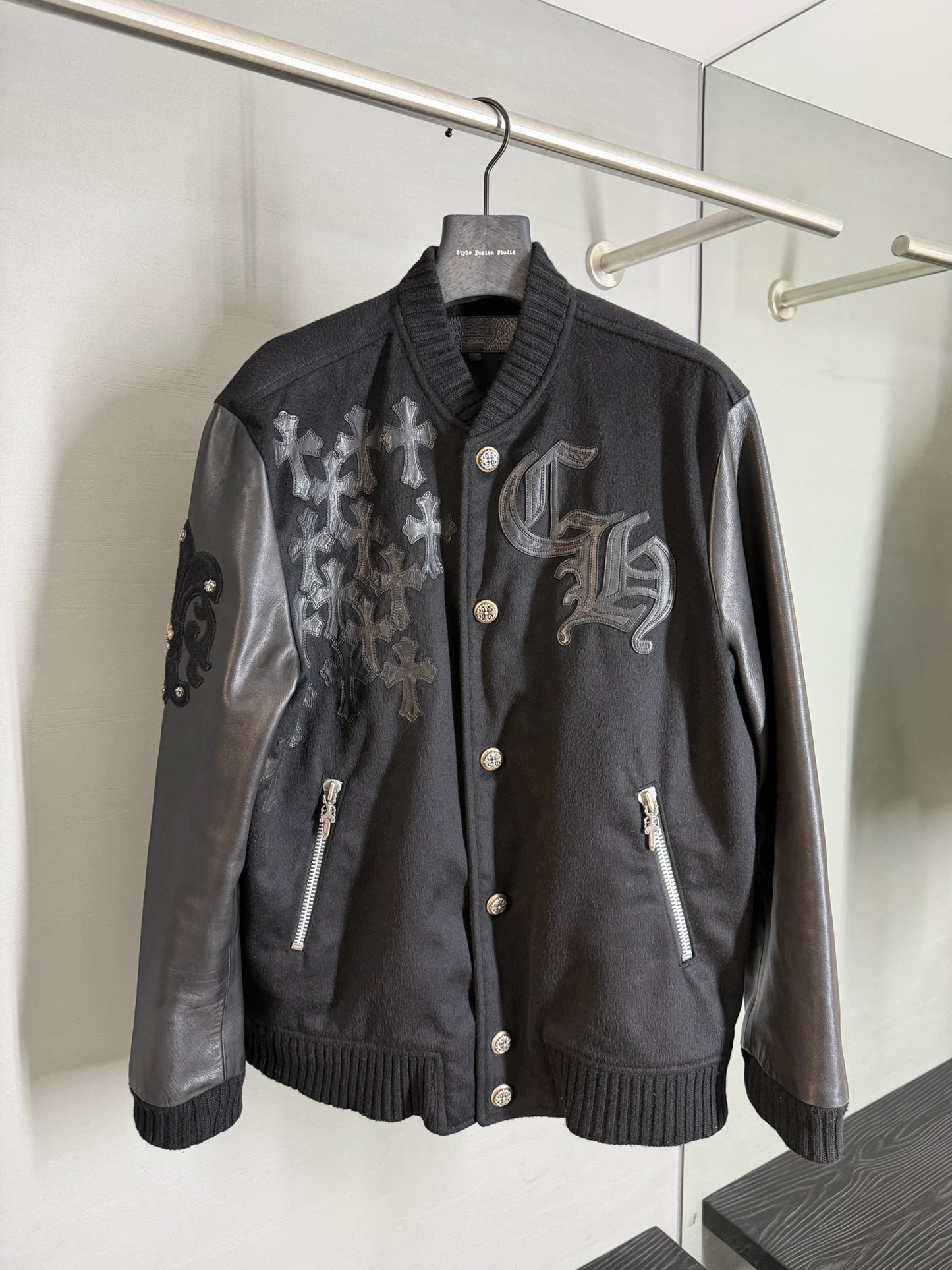 Chrome Hearts Letterman Leather Cross Patch Varsity Jacket