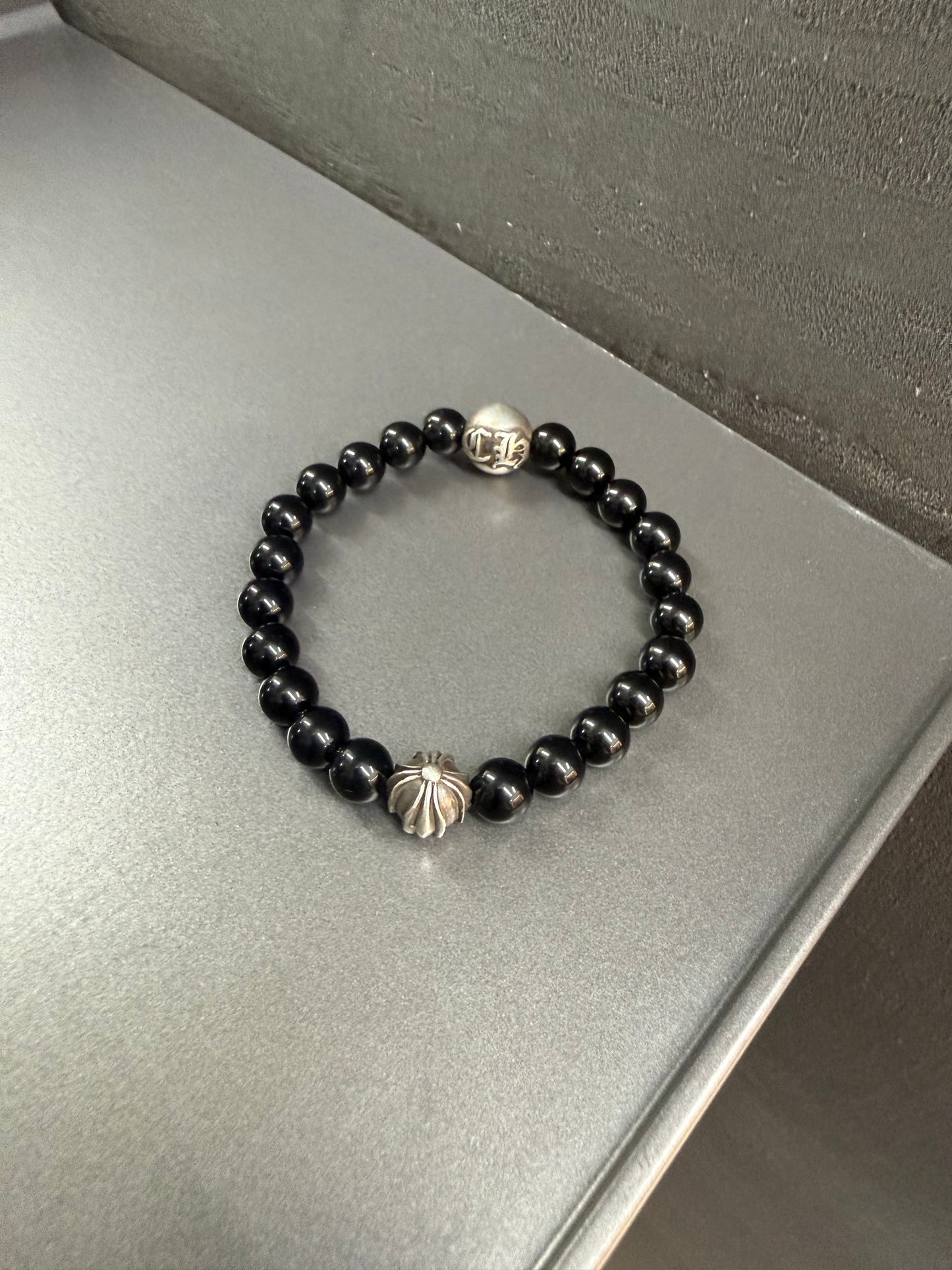Chrome Hearts Black Stones Cross Ball Bracelet 8mm