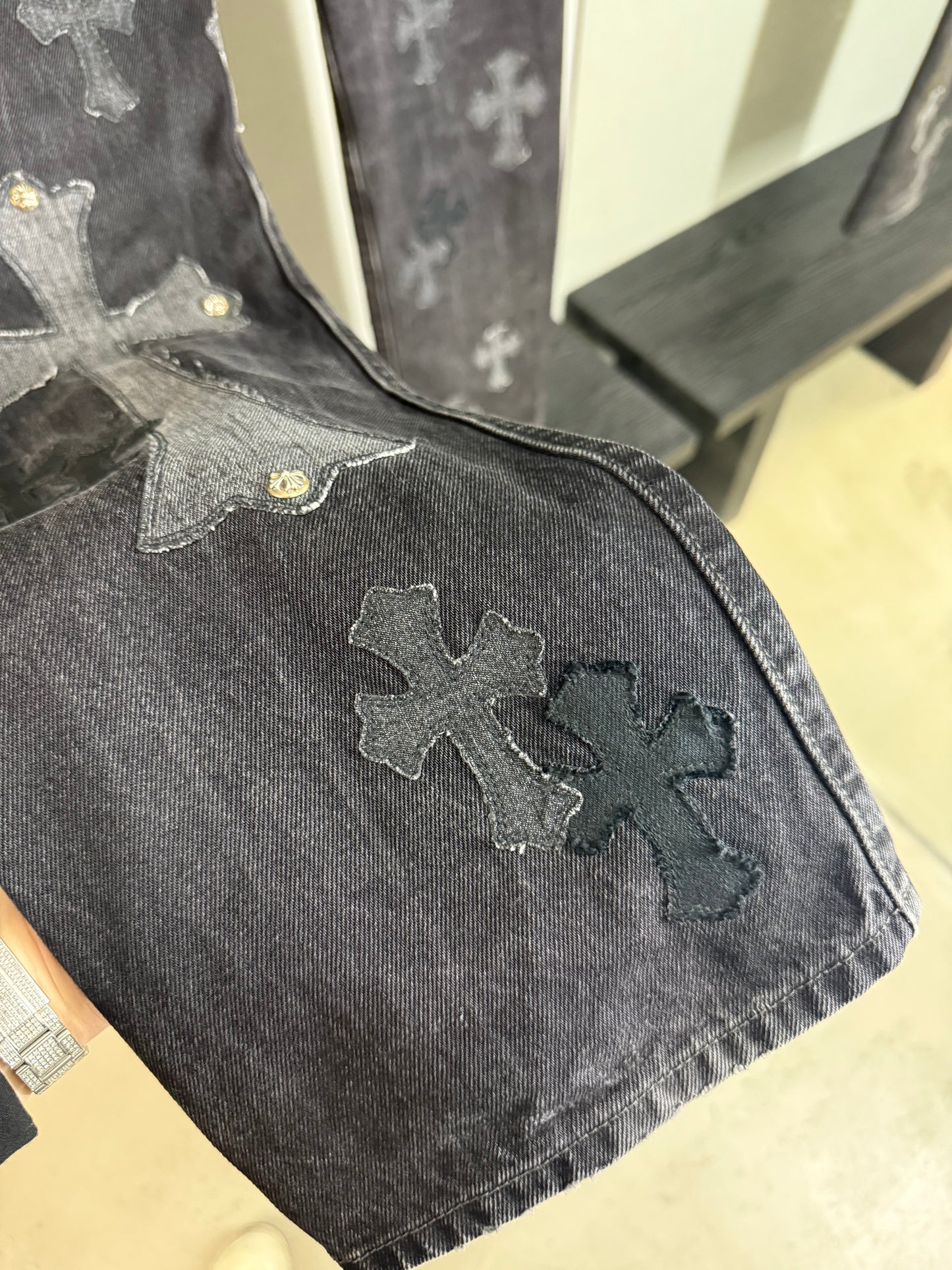 Chrome Hearts Silver Cross Black Denim Overpatched Vintage Jeans