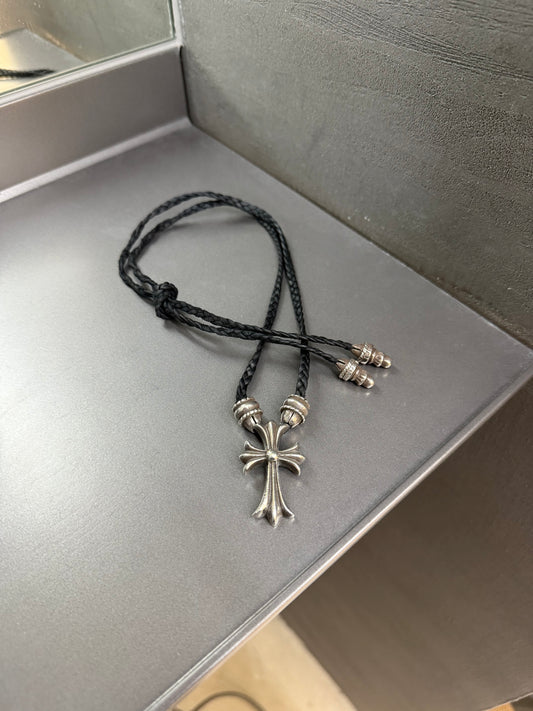 Chrome Hearts Cross Pendant Leather Braided Necklace