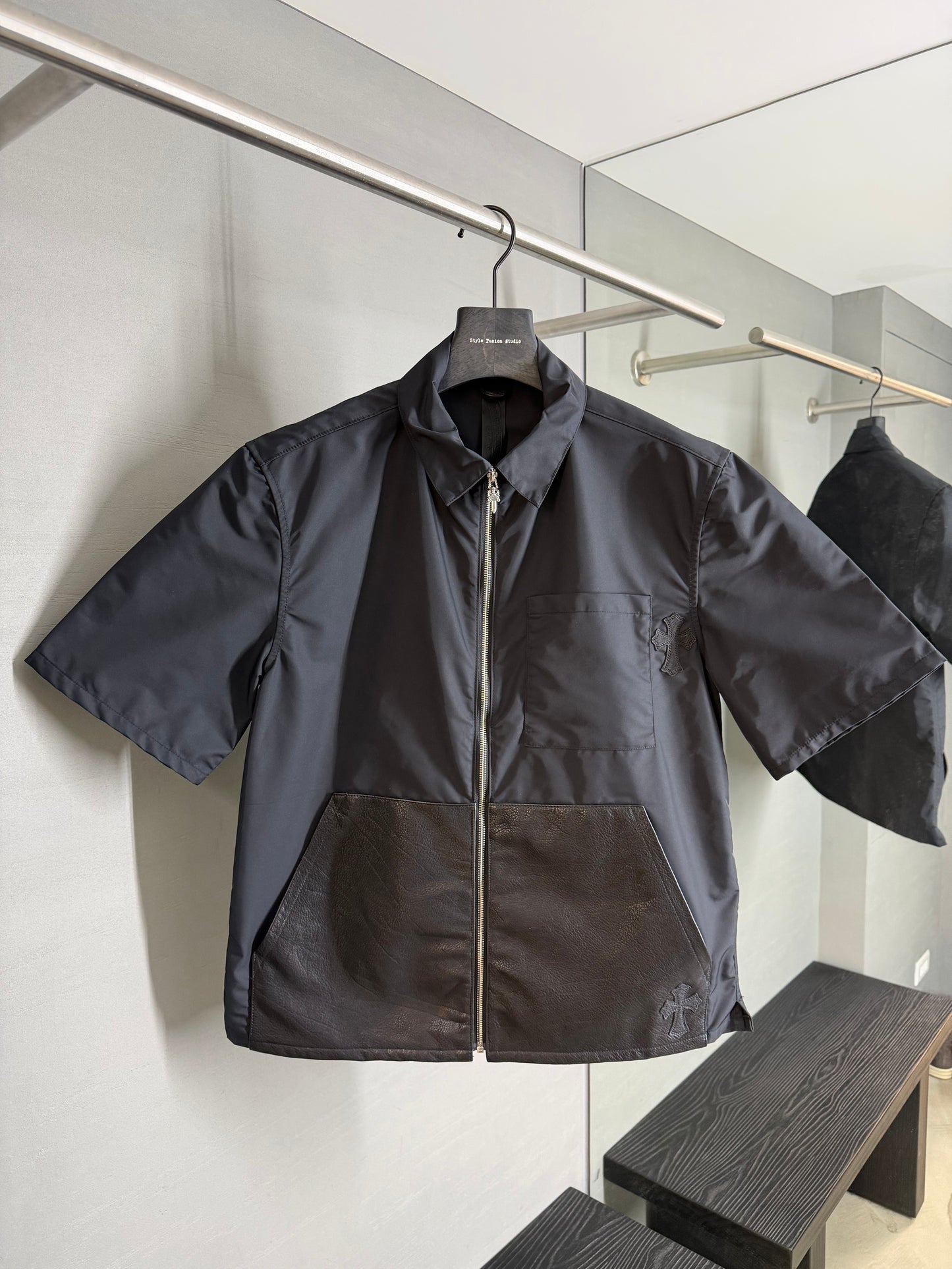 Chrome Hearts Nylon Leather Pockets Zip-Up Shirt (Lucky Patch)