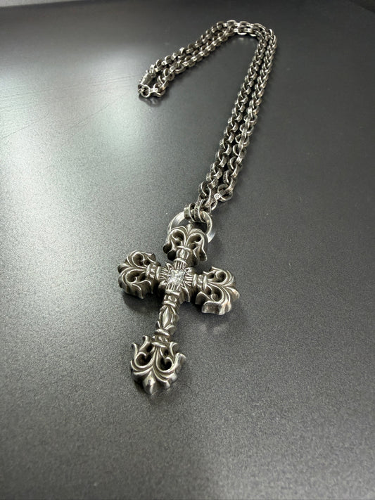 Chrome Hearts Diamond Paced Filigree Cross Pendant with Paperchain
