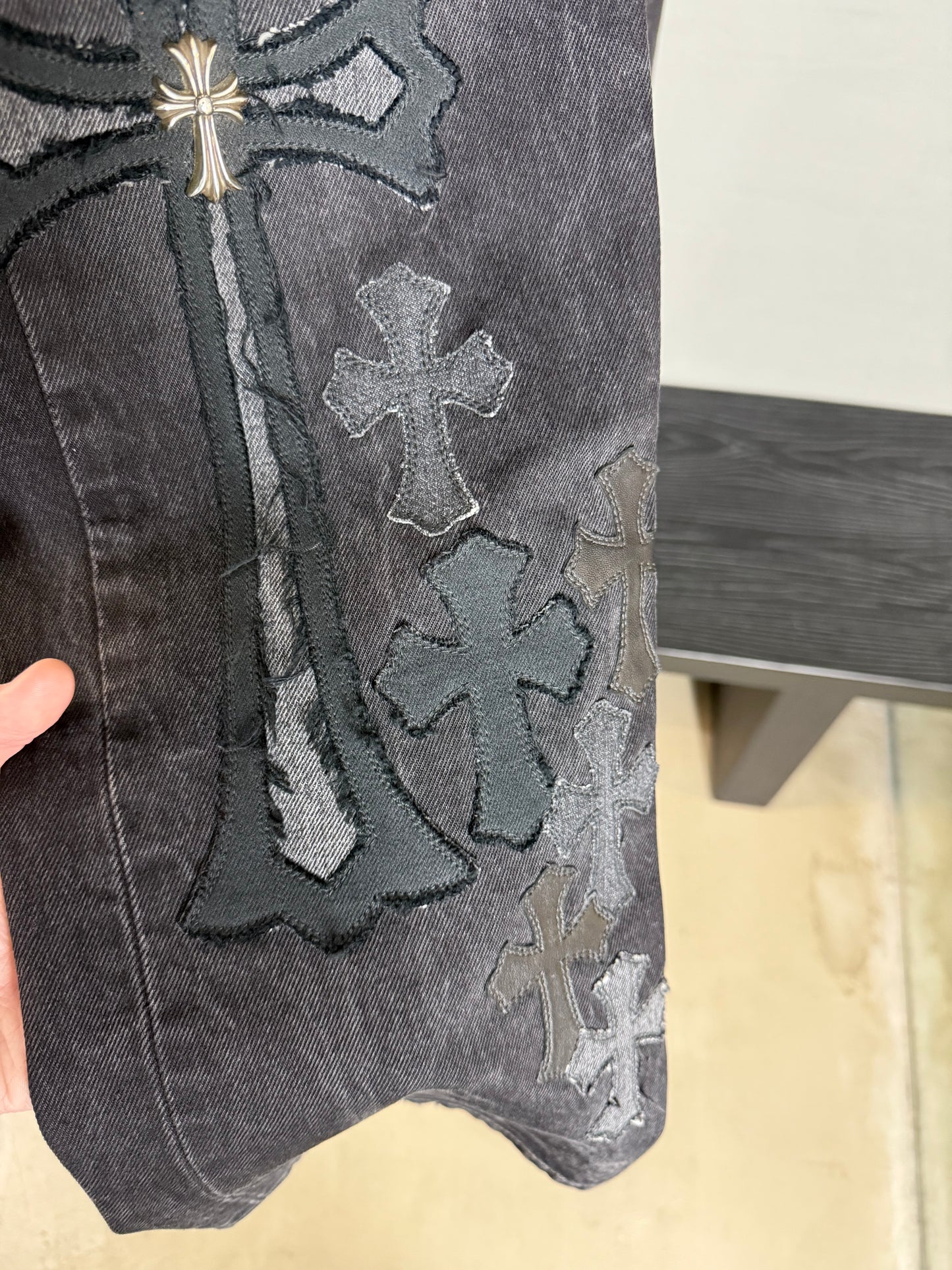 Chrome Hearts Silver Cross Black Denim Overpatched Vintage Jeans