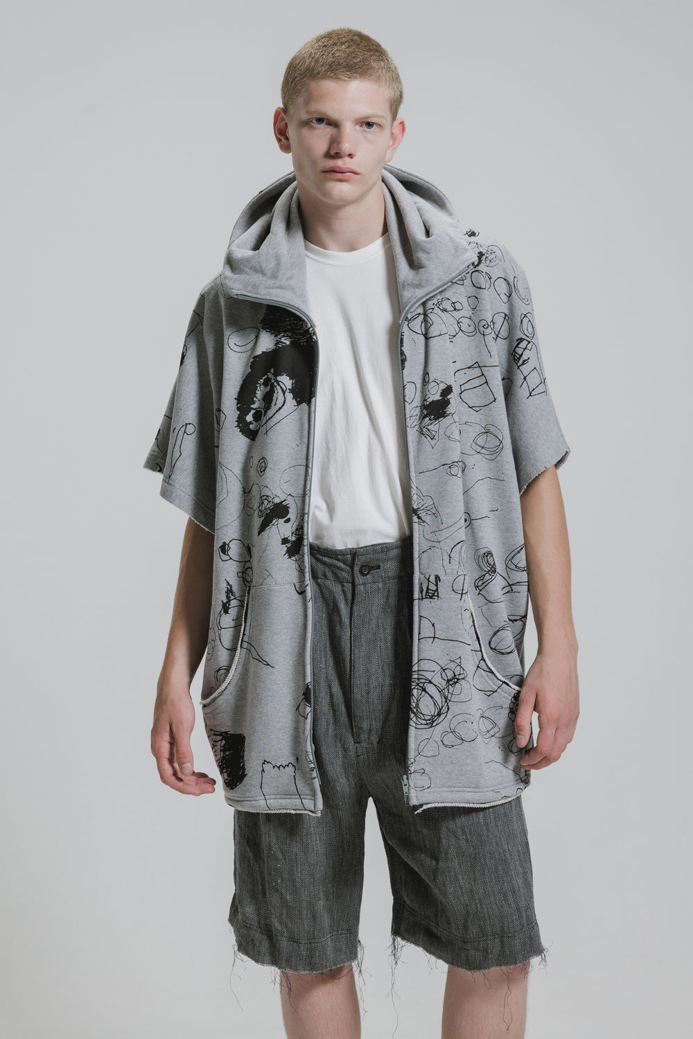 NUDE:MM 30/7 French Terry Pigement Print Oversized Zip Up Hoodie (Detachable Sleeves)