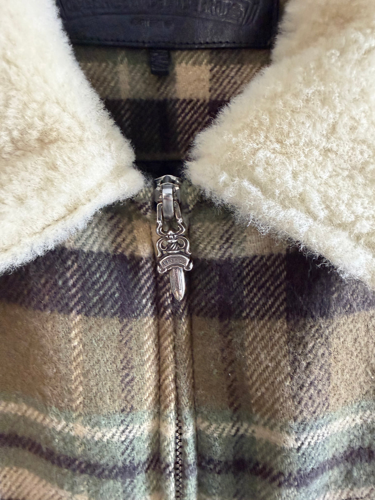 Chrome Hearts Shearling Flannel Plaid Print Trucker Jacket