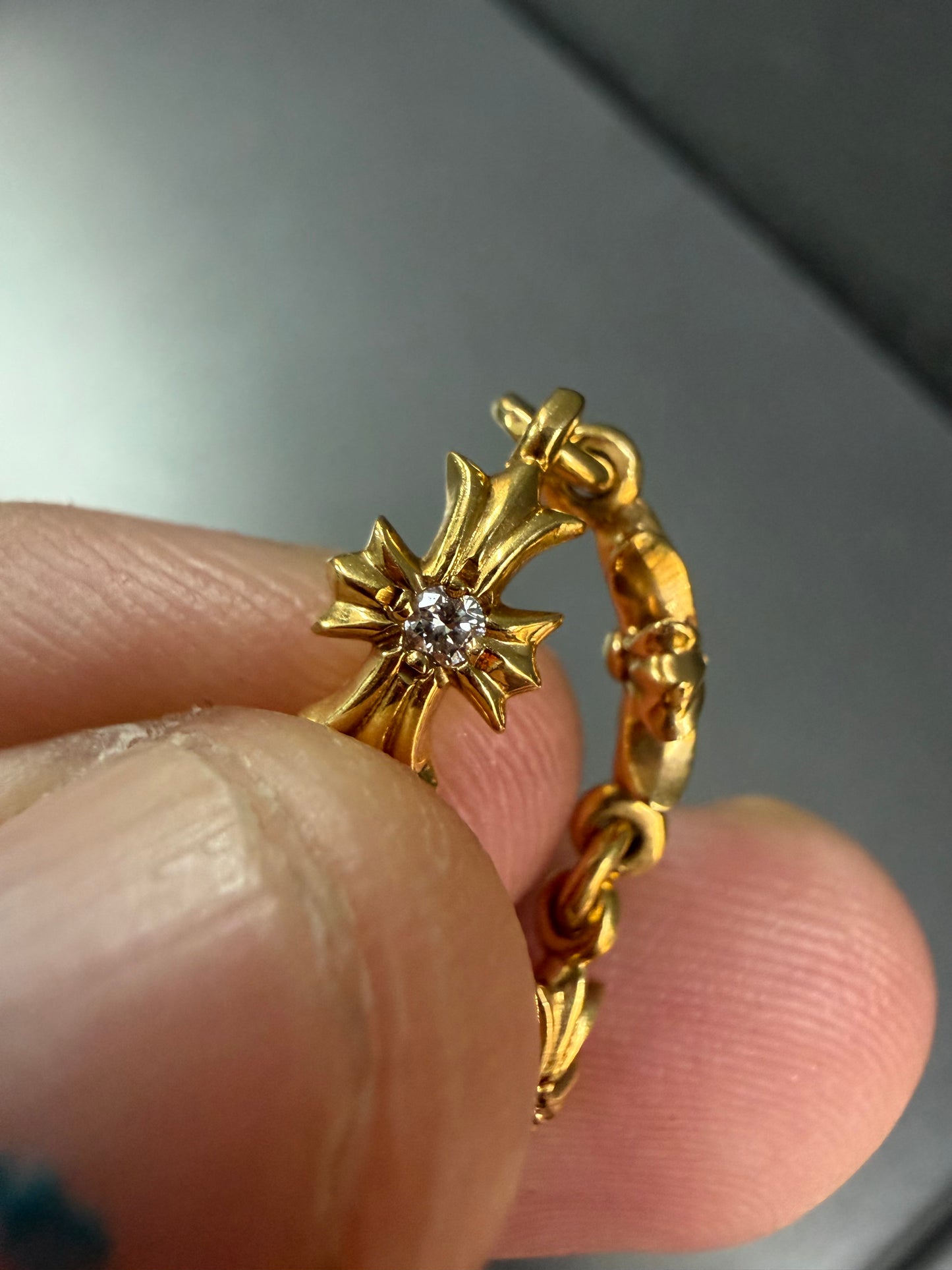 Chrome Hearts 22k Tiny E Cross Ring with Diamonds