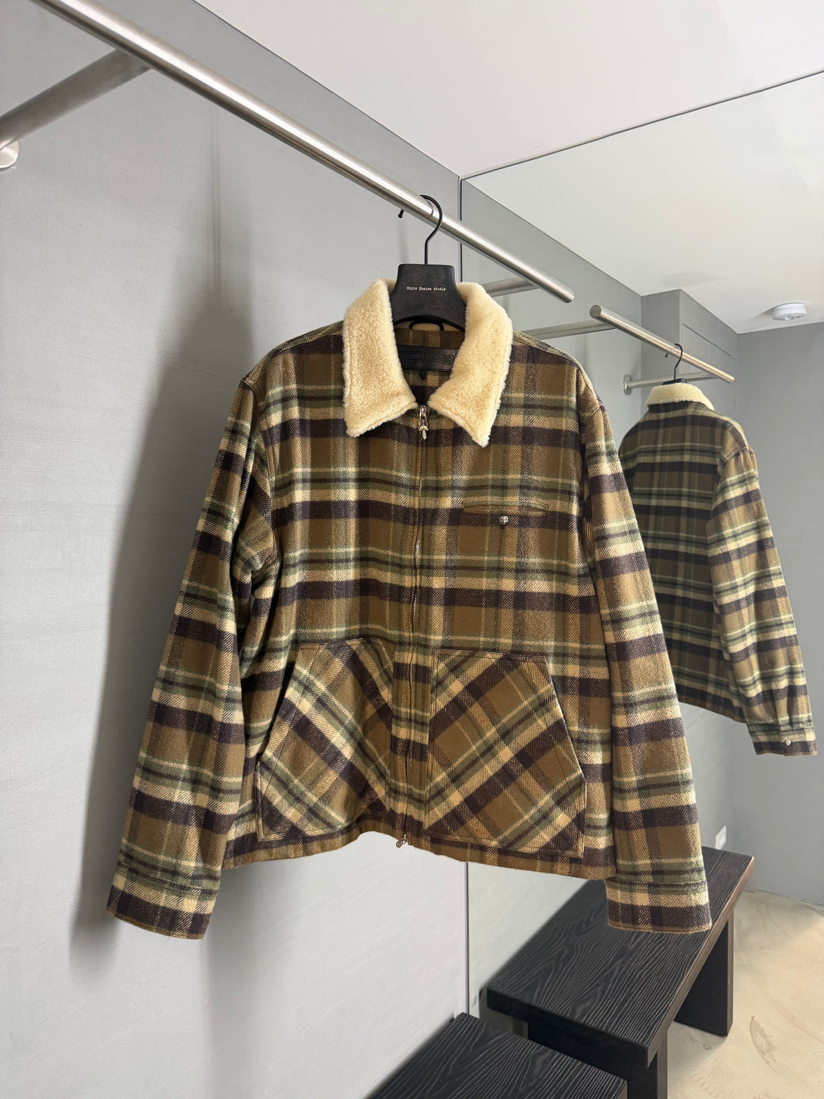 Chrome Hearts Shearling Flannel Plaid Print Trucker Jacket