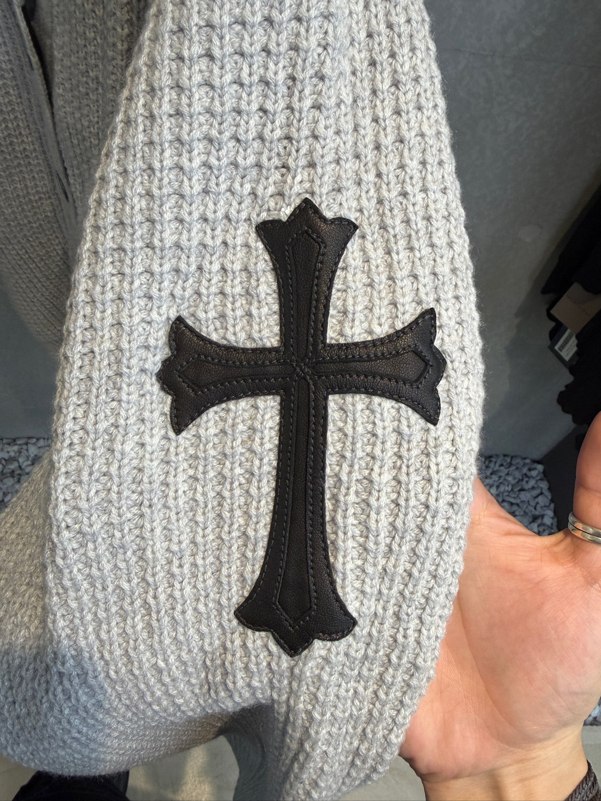 Chrome Hearts Cross Patch Grey Waffle Cashmere Cardigan