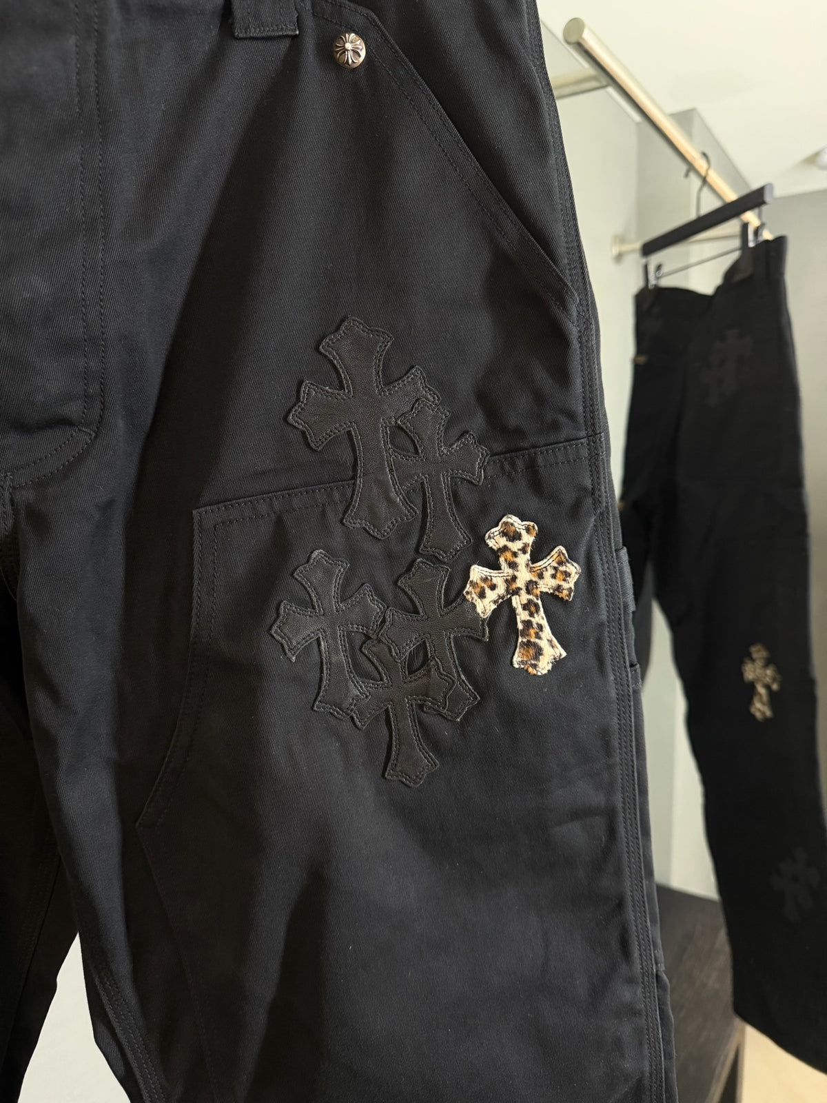Chrome Hearts Leopard Leather Cross Patch Carpenter Pants