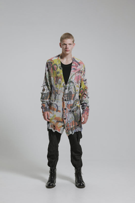 NUDE:MM Inkjet Print Cotton 3GG Damage Knit Cardigan