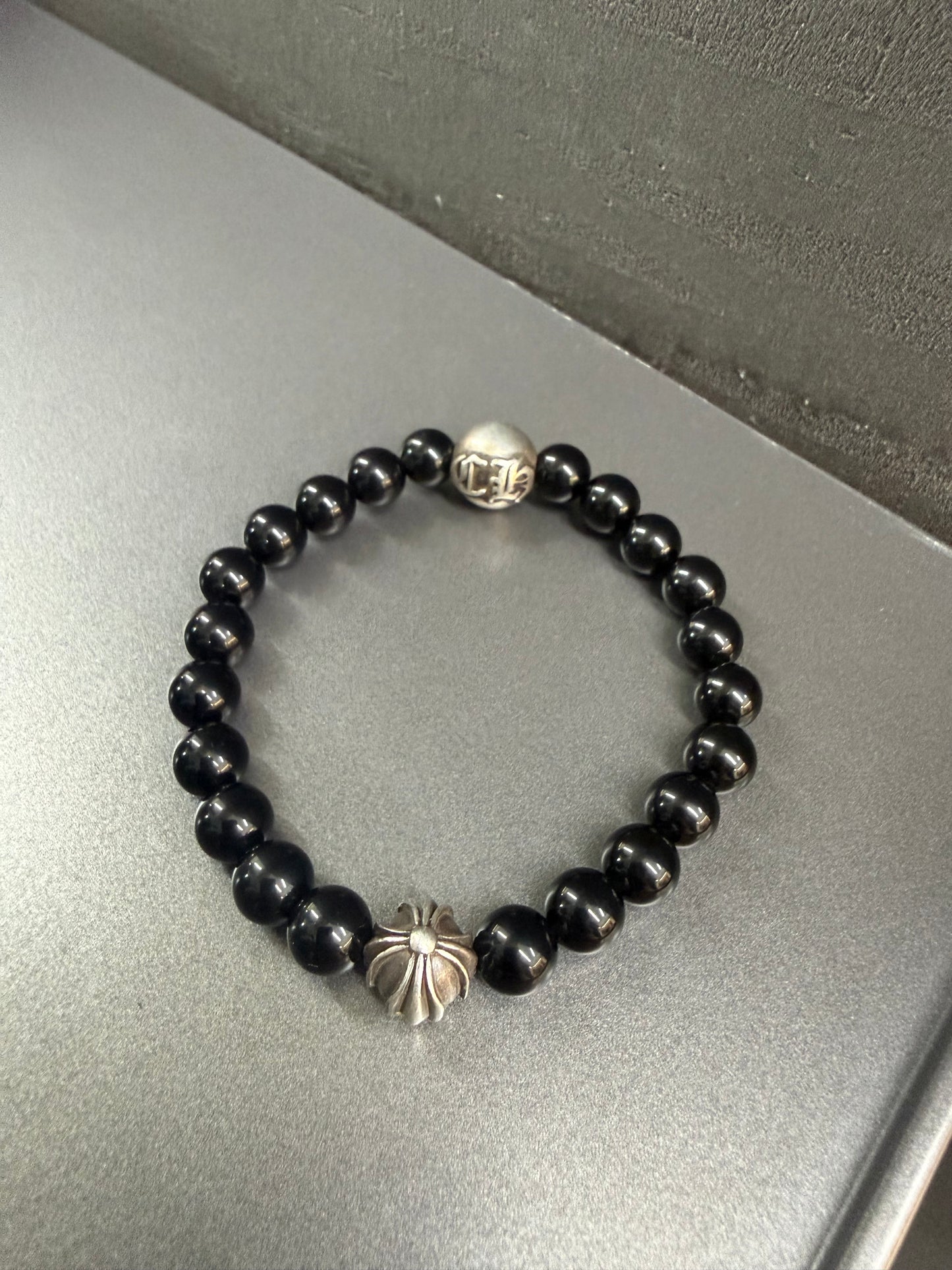 Chrome Hearts Black Stones Cross Ball Bracelet 8mm